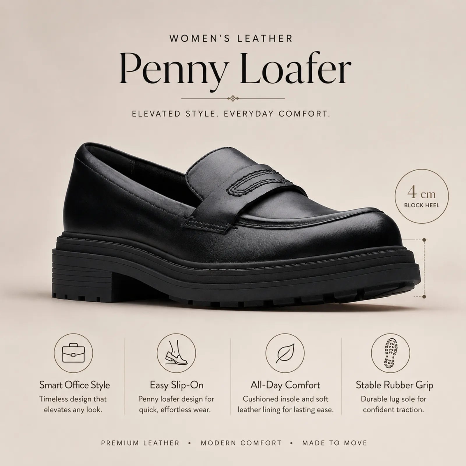 Women's black leather penny loafer with block heel