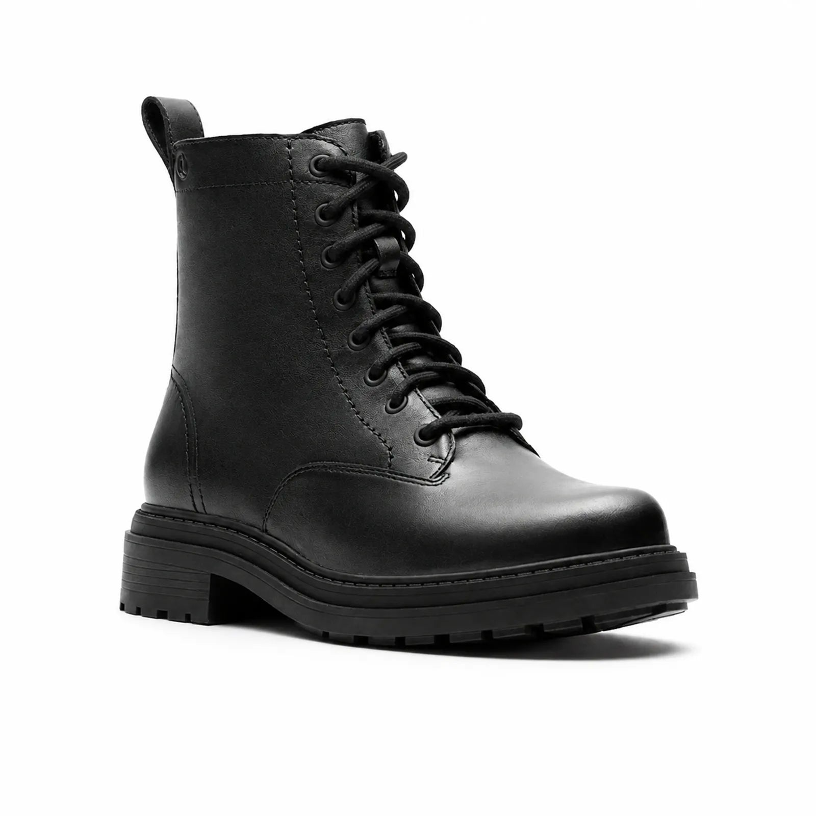 Women's black leather lace-up ankle boots with chunky sole