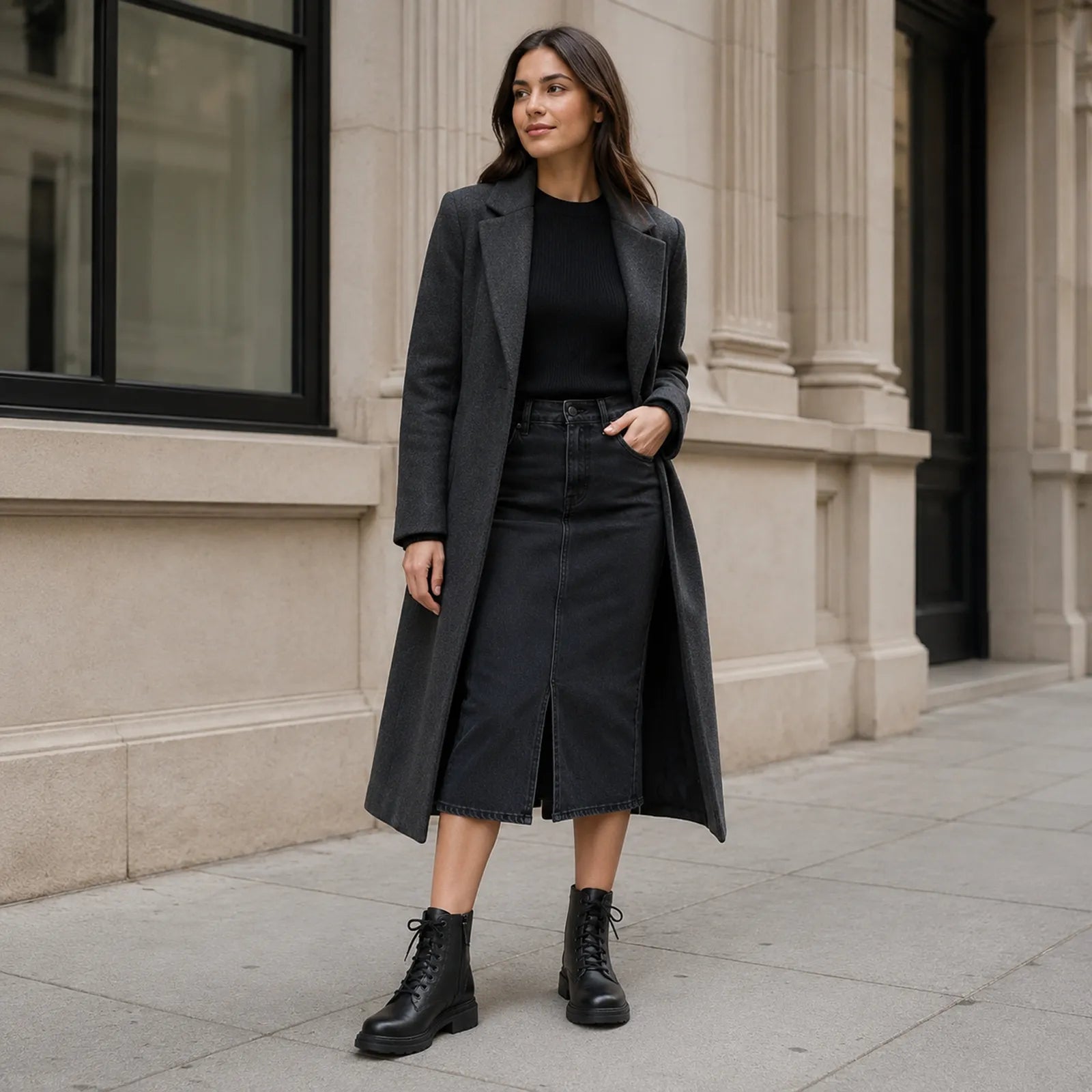 Women's black leather lace-up ankle boots on feet
