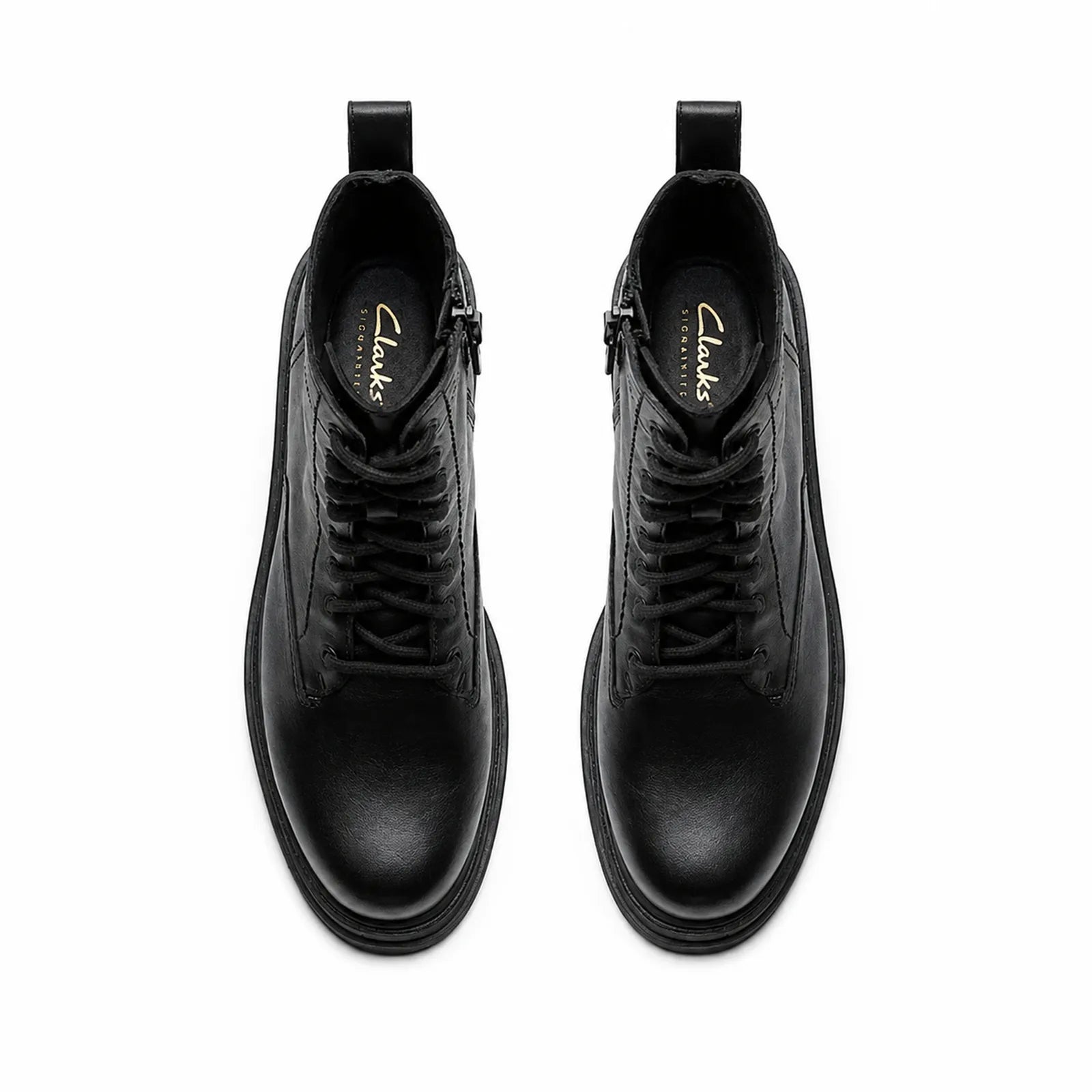 Pair of women's black leather lace-up ankle boots, front view