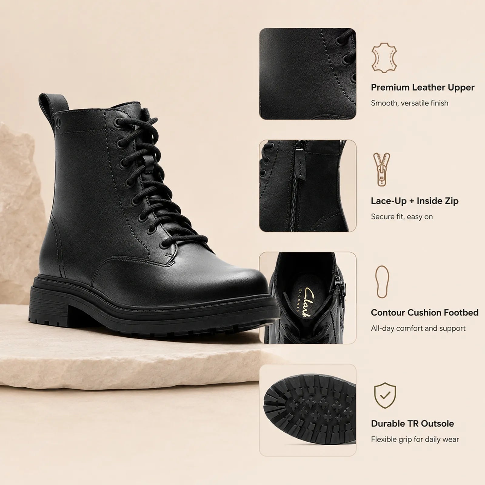 Women's black leather lace-up ankle boots with thick tread sole