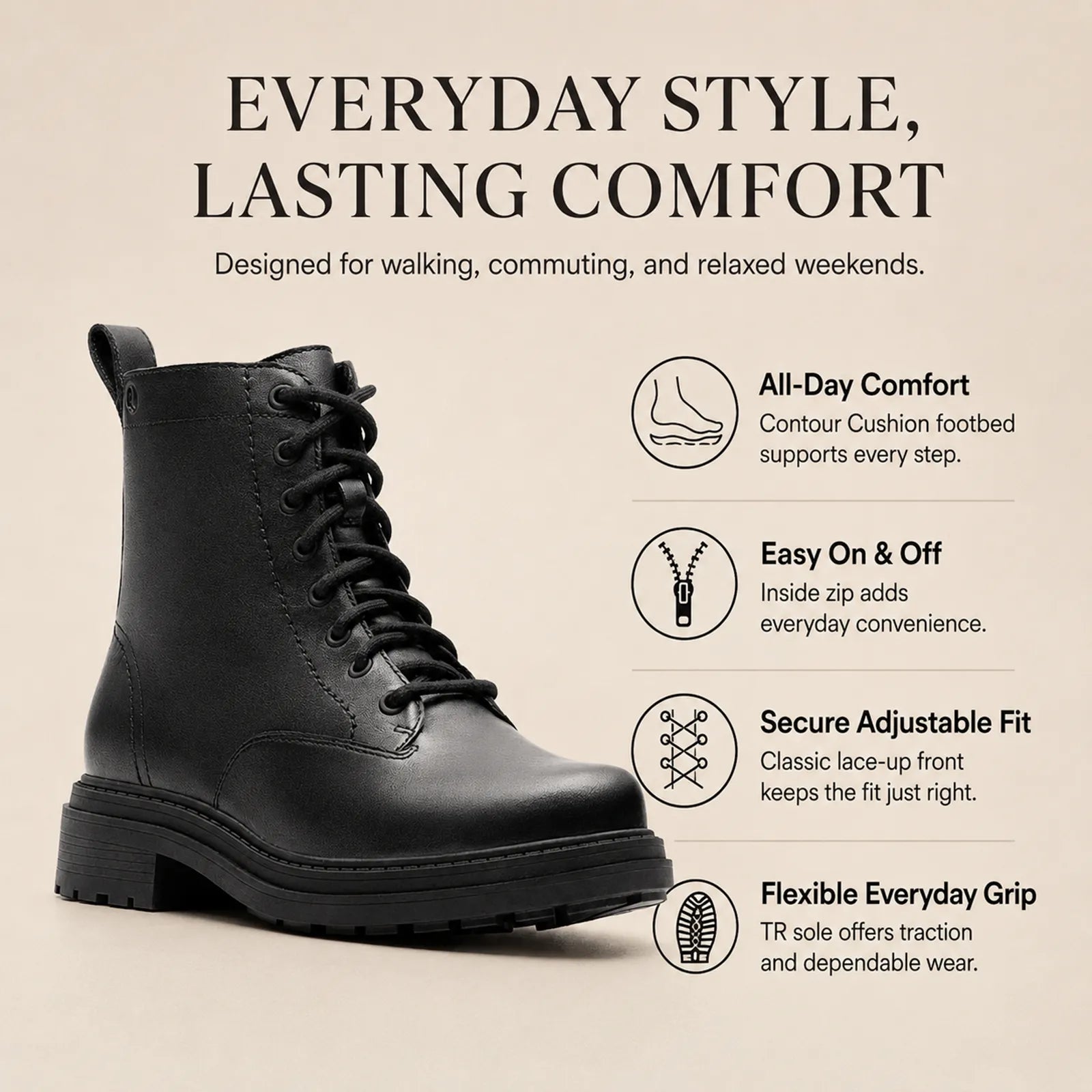 Women's black leather lace-up ankle boots with padded collar