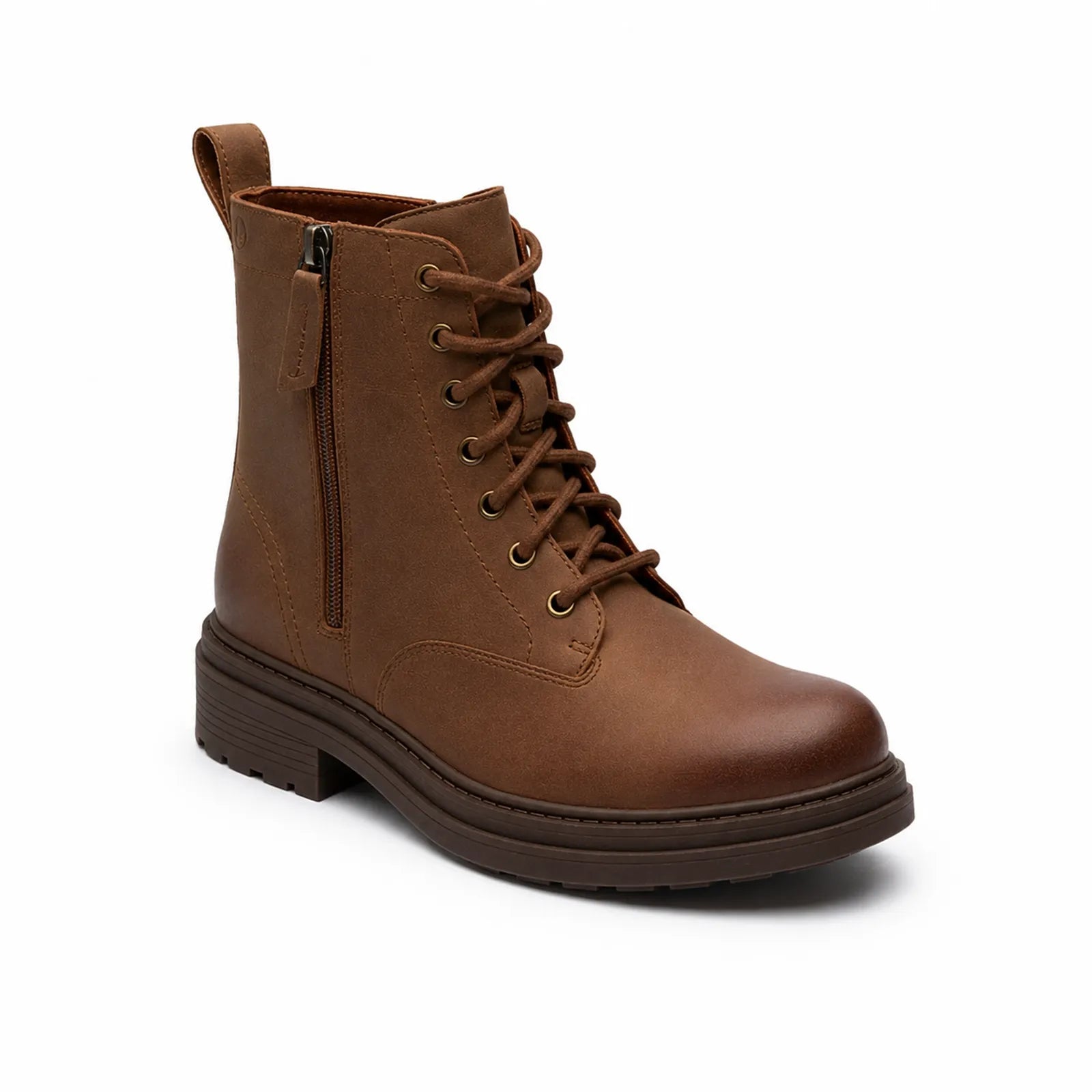 Women's brown leather lace-up ankle boots with side zipper panel