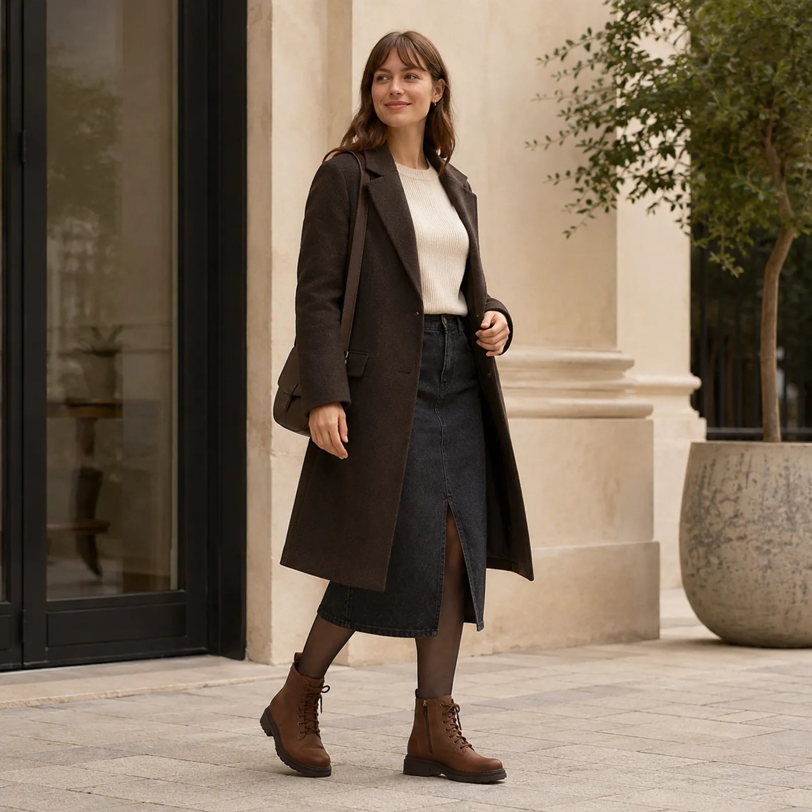 Women's brown leather lace-up ankle boots on model feet