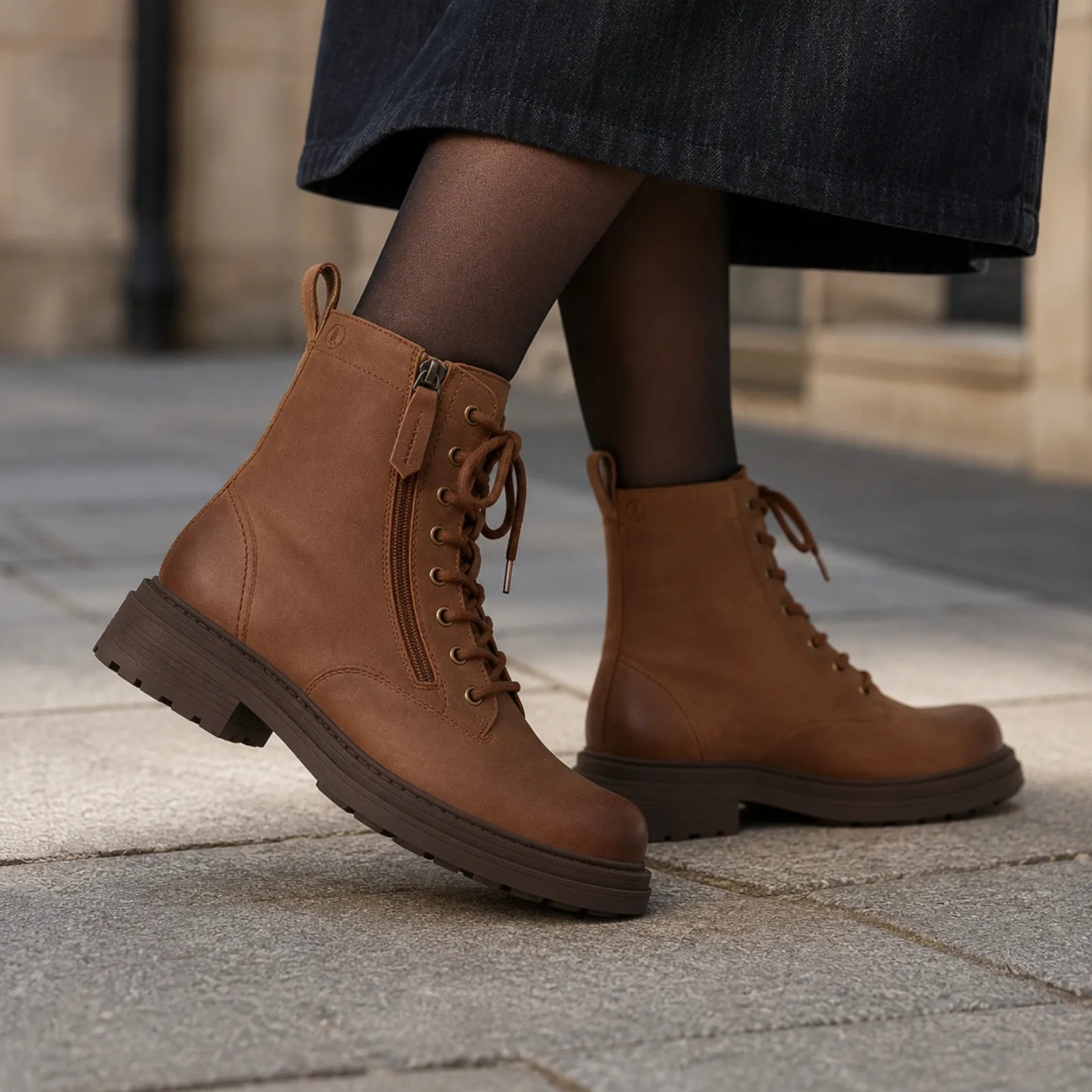 Women's brown leather lace-up ankle boots with rugged tread sole