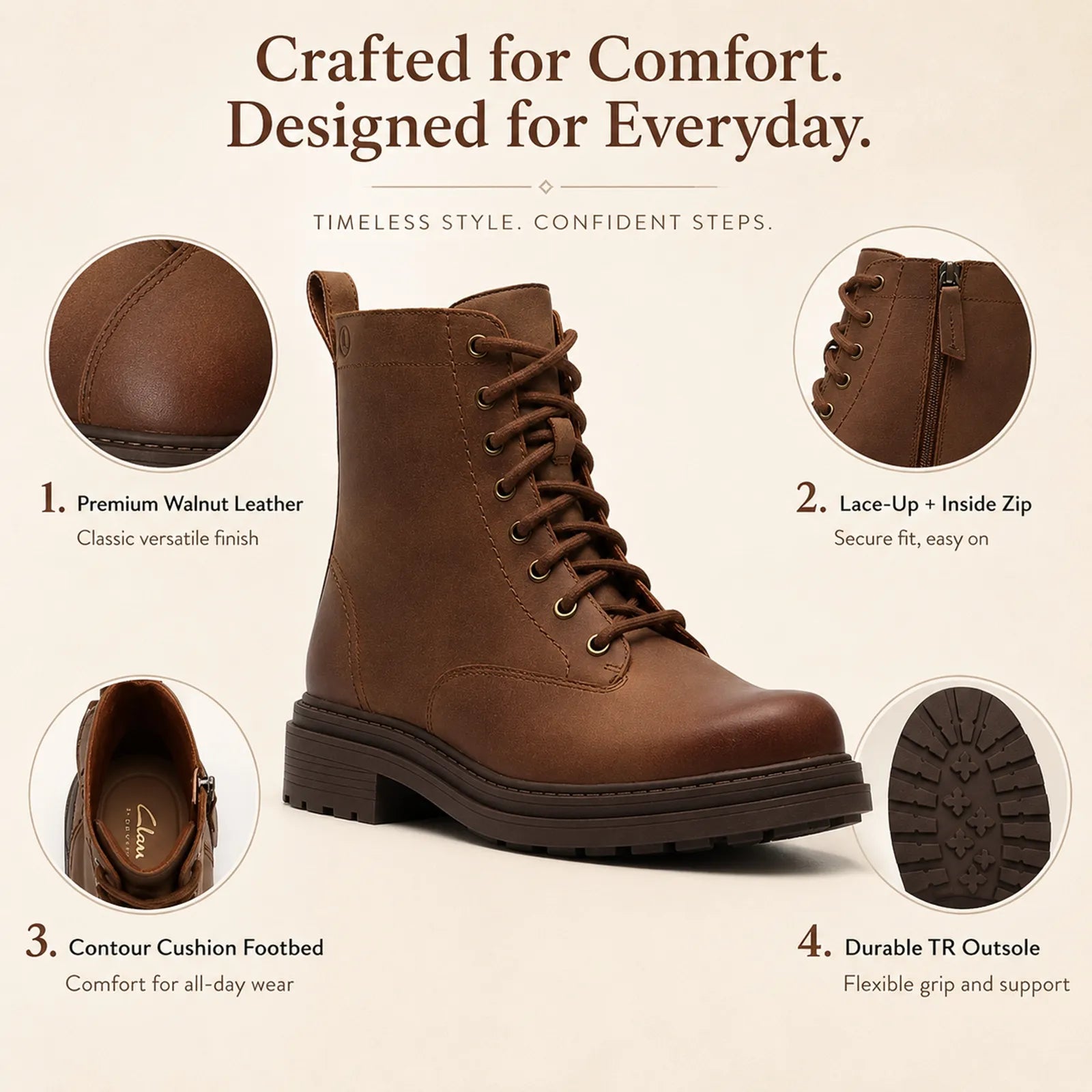 Brown leather lace-up women's boots with chunky tread sole and side zip