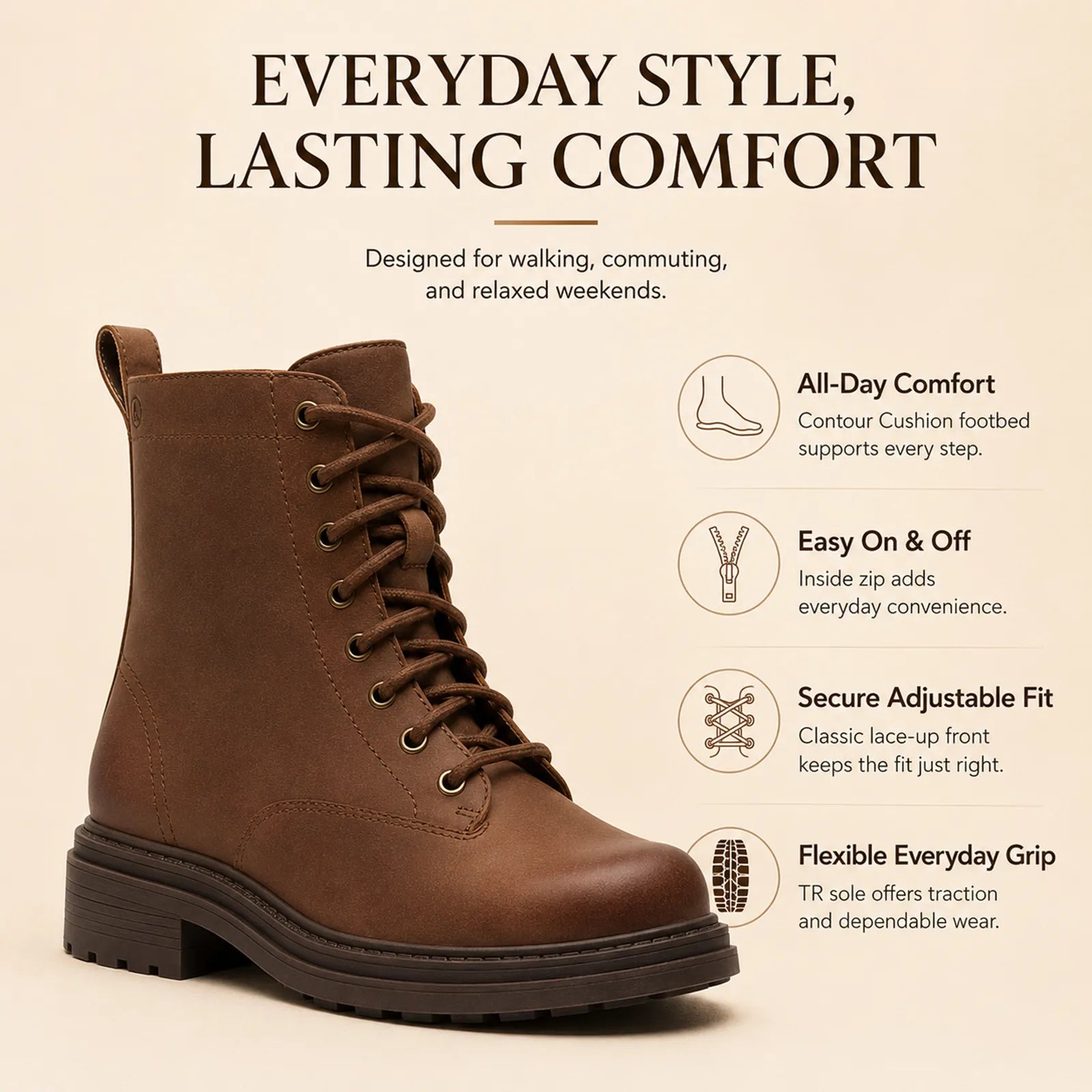 Brown leather lace-up ankle boots with chunky sole and side zip