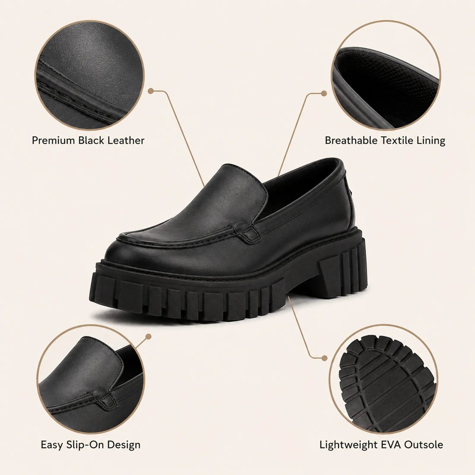 Black leather slip-on loafers with chunky lug sole and lightweight EVA outsole