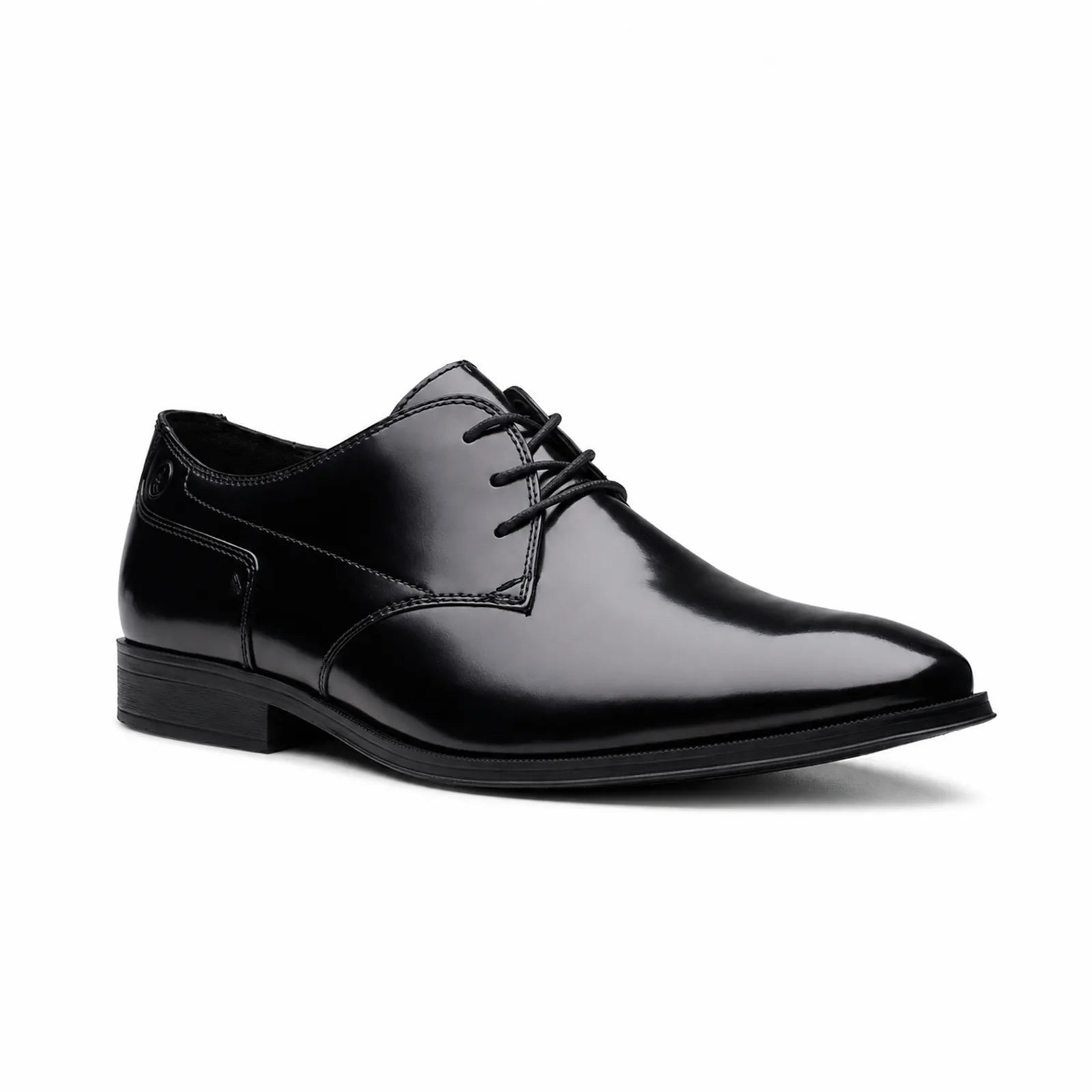 Black lace-up leather business shoe with sleek Oxford toe and low heel