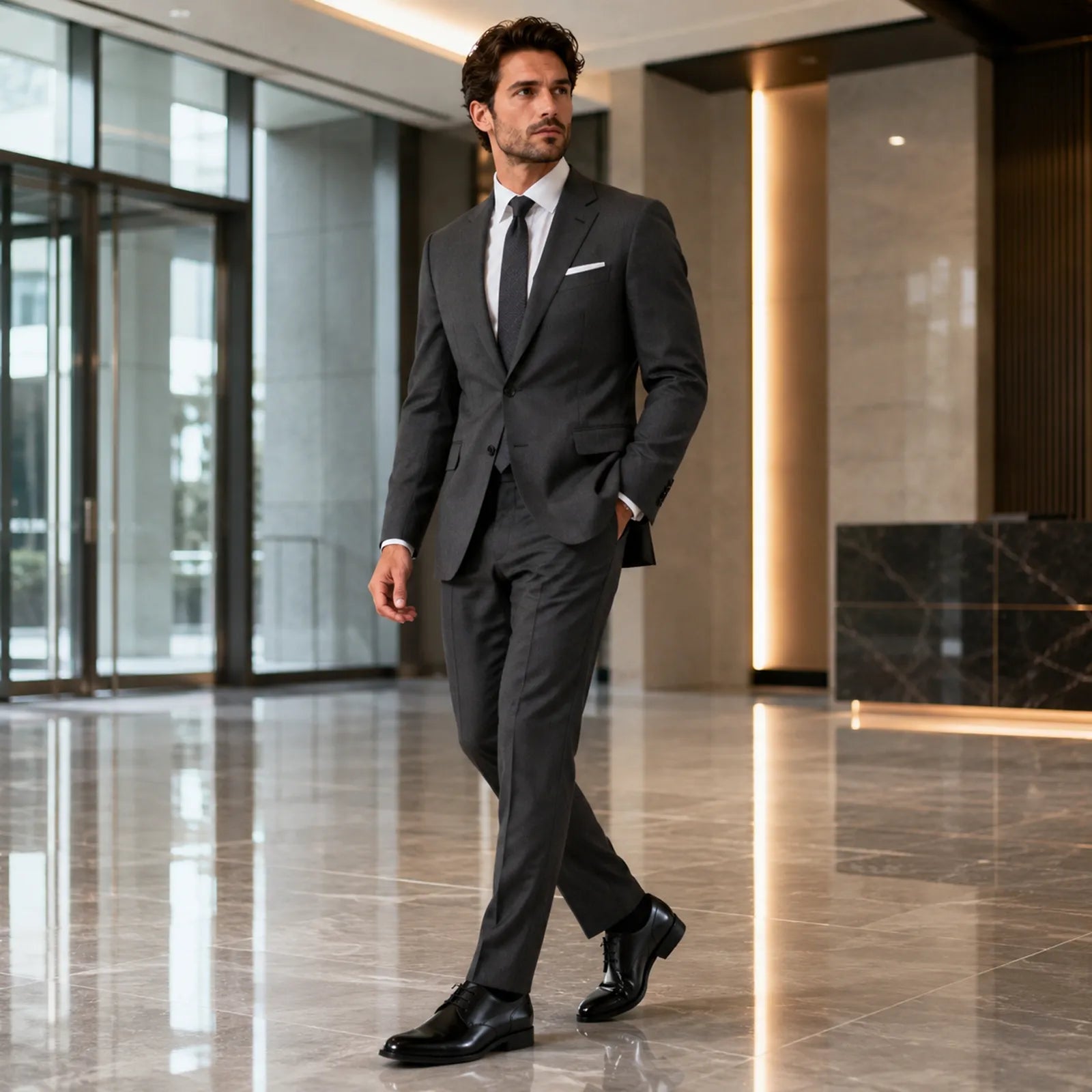 Men’s black lace-up leather dress shoes on polished floor