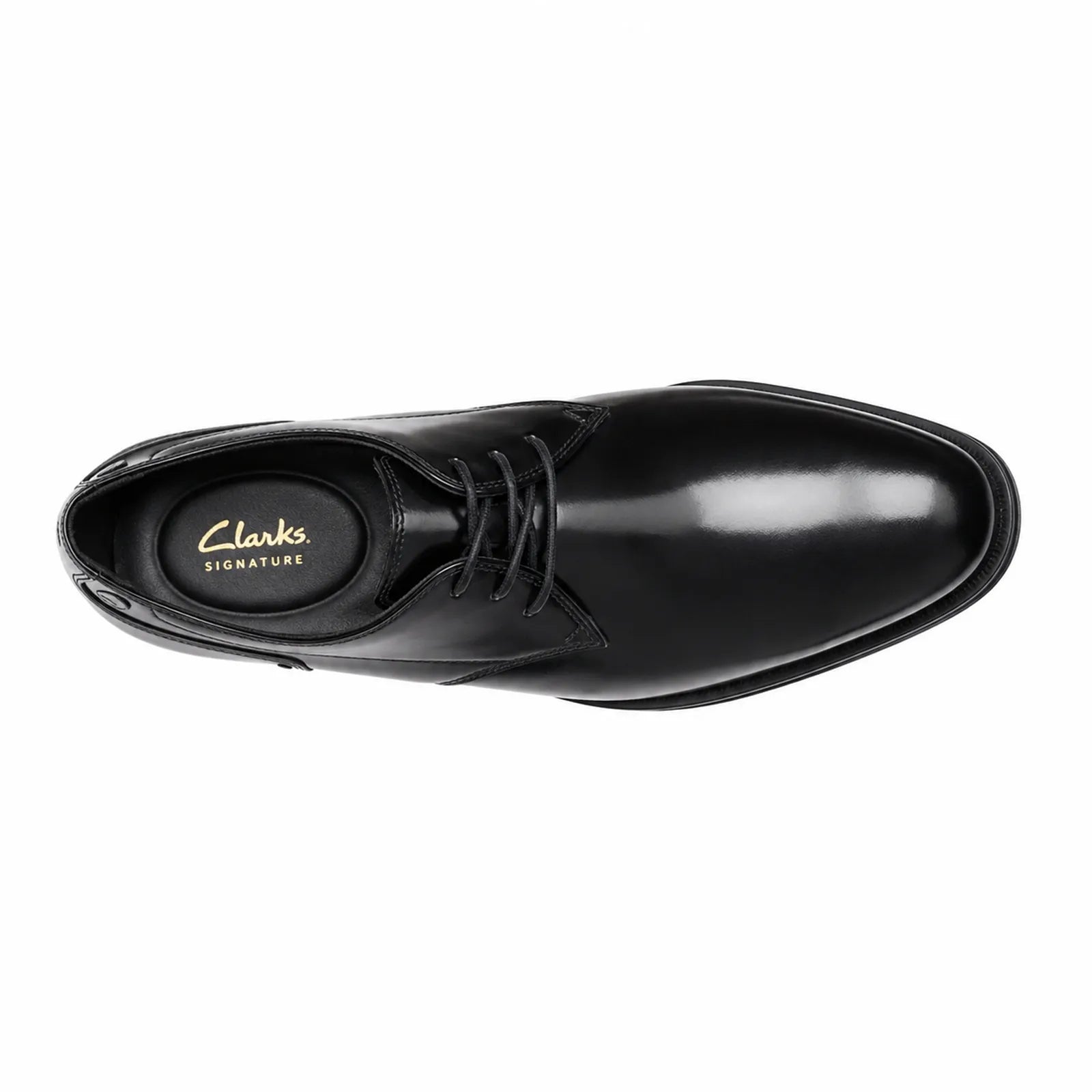 Black lace-up leather dress shoe with rounded toe and stitched panels