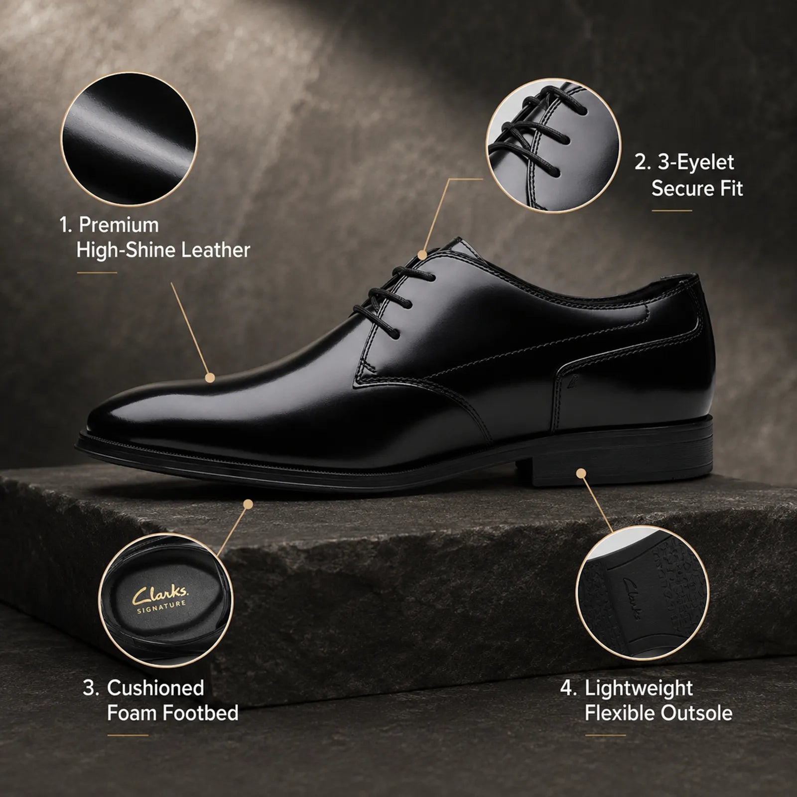 Black high-shine leather lace-up business shoe with 3 eyelets