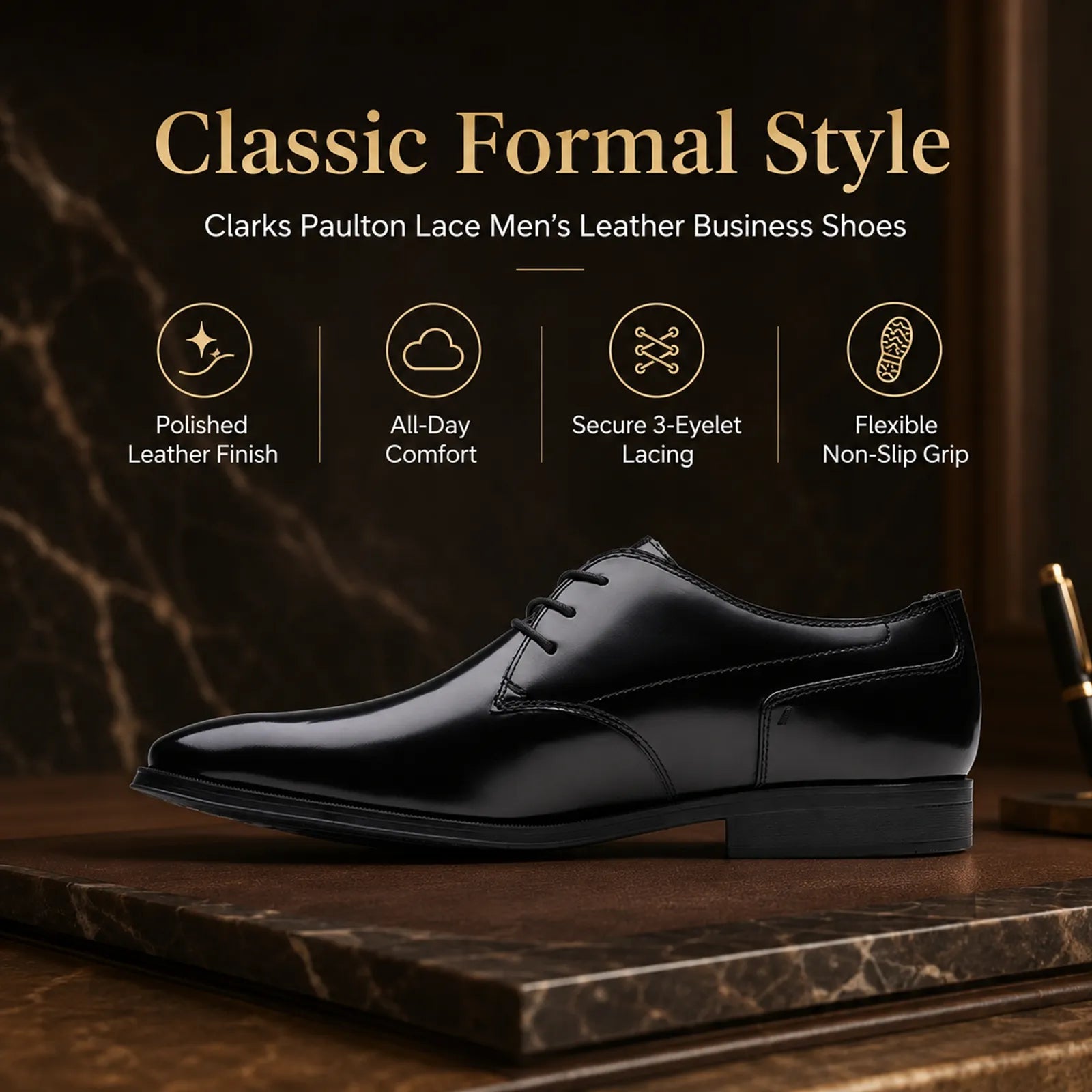Black lace-up leather business shoe with low heel and secure eyelets
