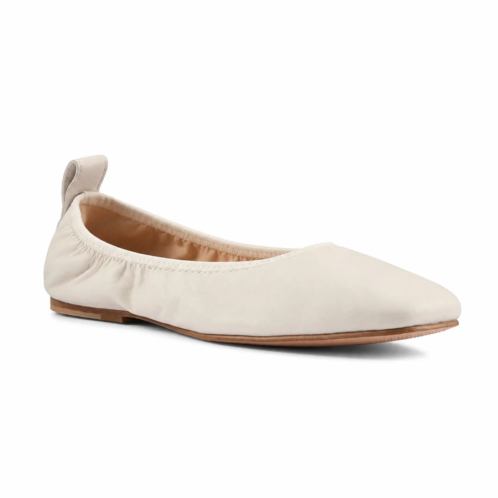 White leather ballet flats with elastic topline and low rubber sole
