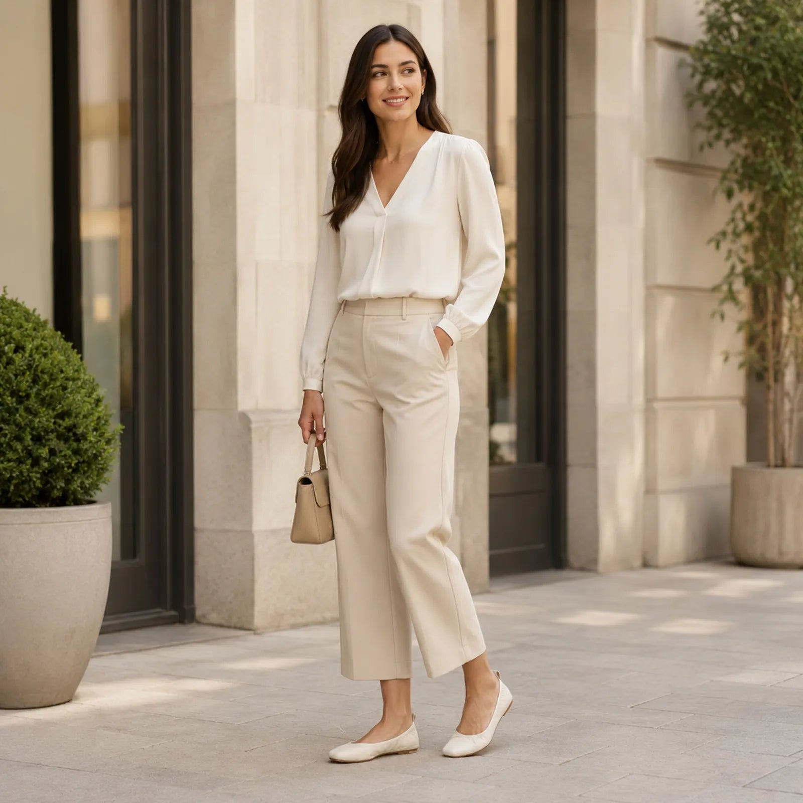 White ballet flats on model, low slip-on style with soft leather upper