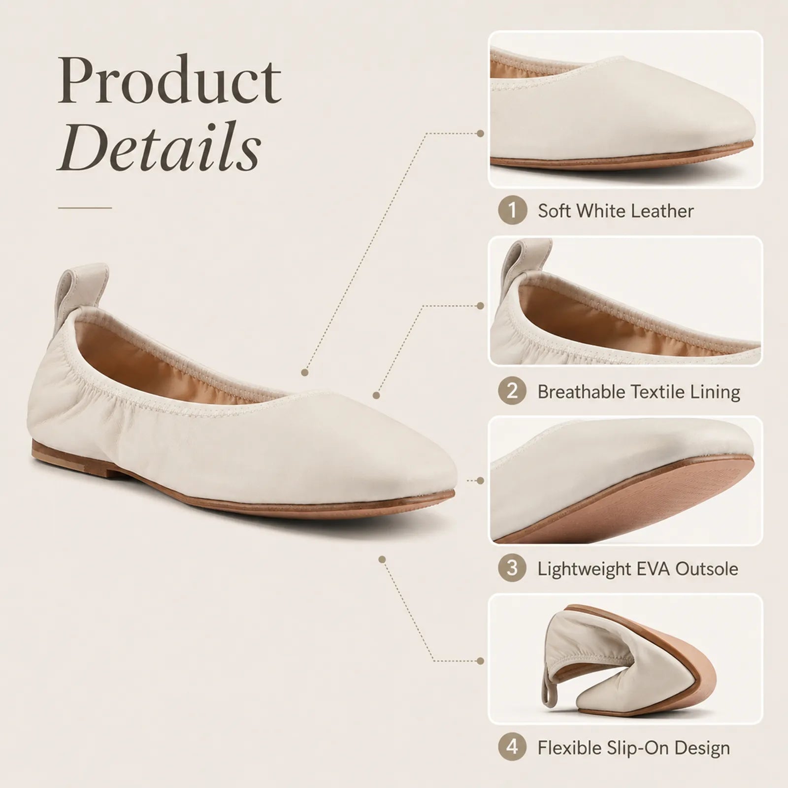 White ballet flats with elastic collar and lightweight EVA-style outsole