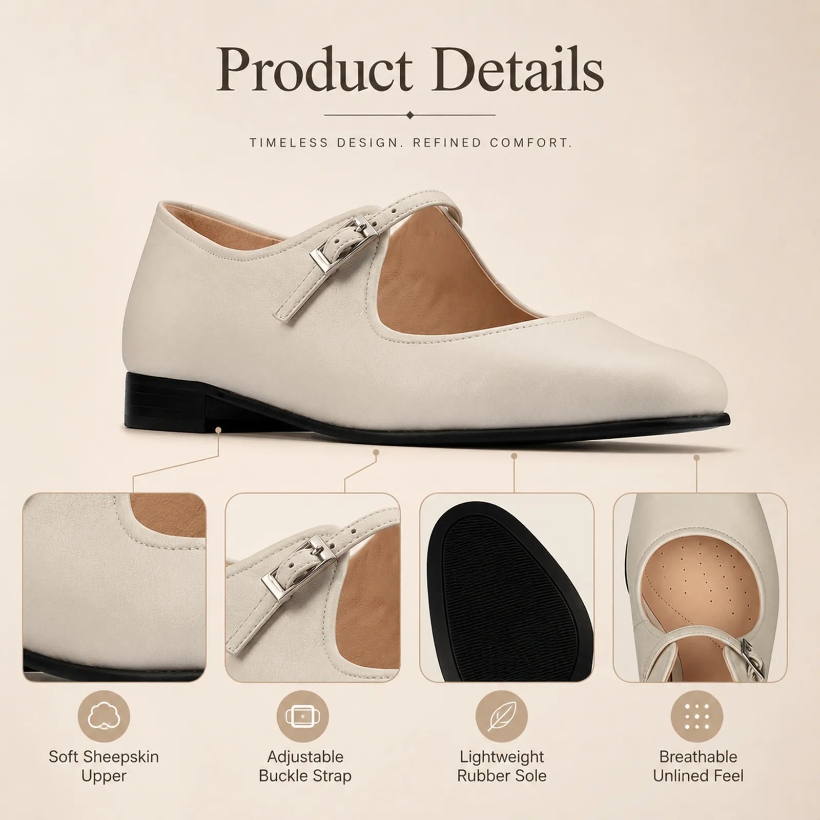 White sheepskin flat loafer with buckled strap; detail views of upper, sole, and lining