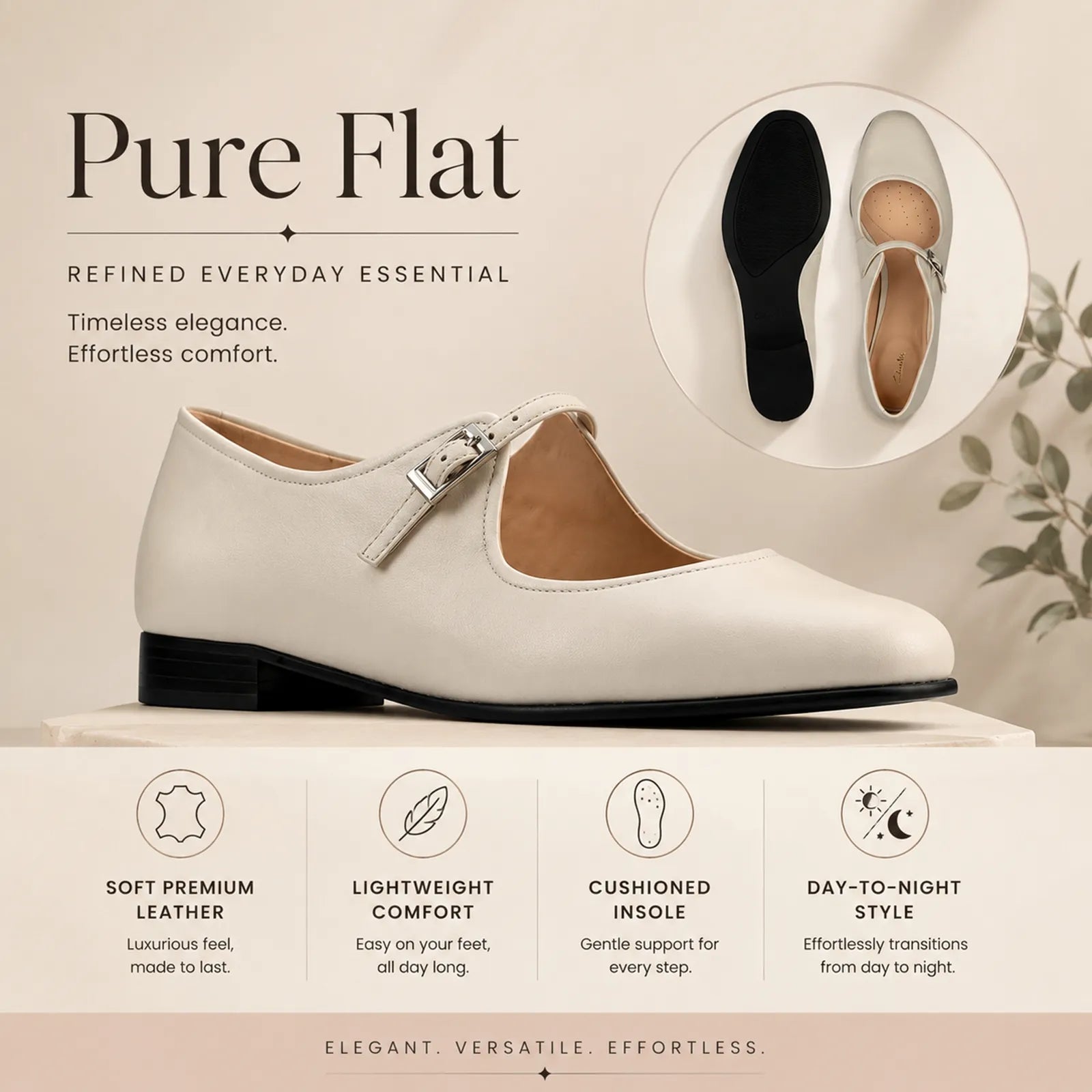 White flat loafer with buckled strap, shown with side and outsole detail views
