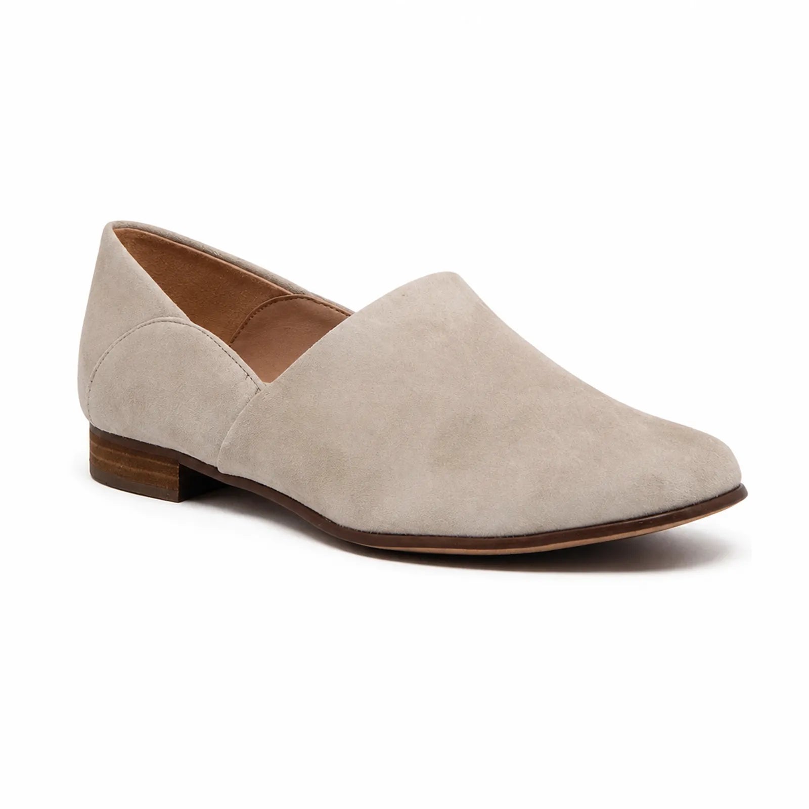 Taupe suede slip-on loafer with low wooden-look heel