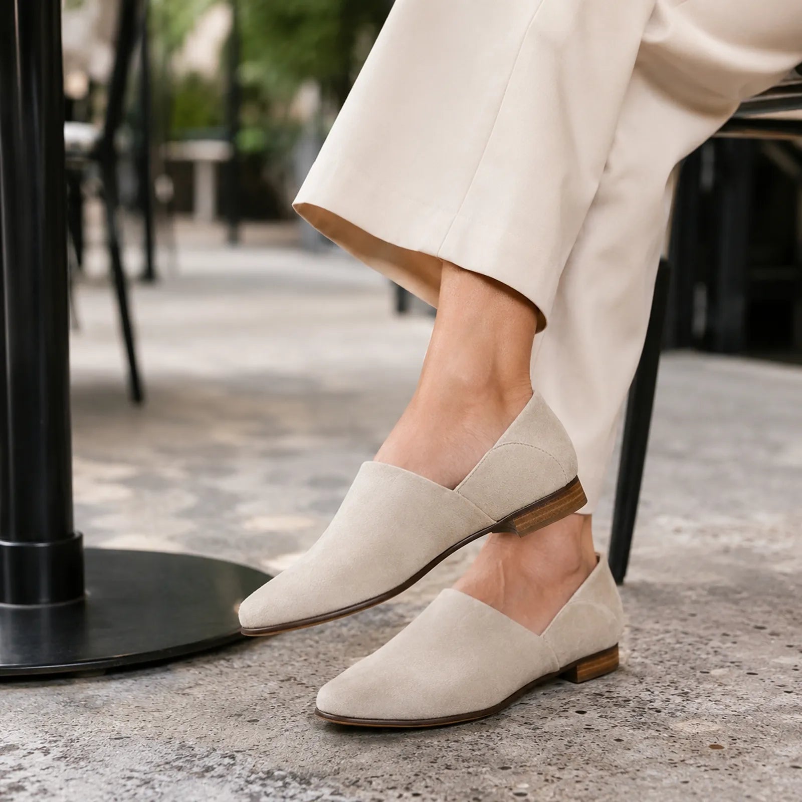 Taupe suede slip-on loafers with low block heel