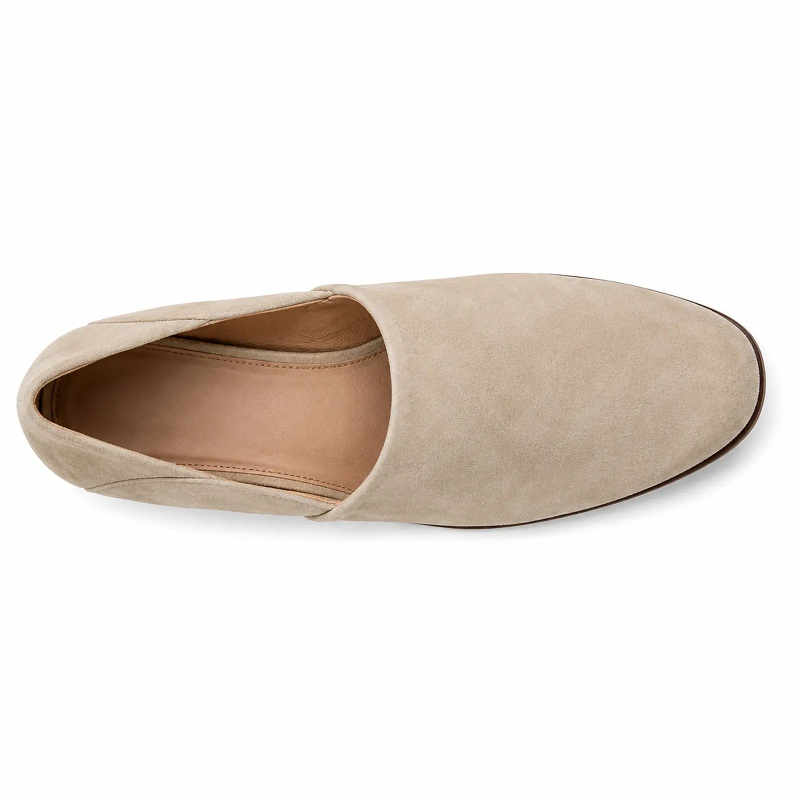 Taupe suede loafer with open topline and cushioned inner lining