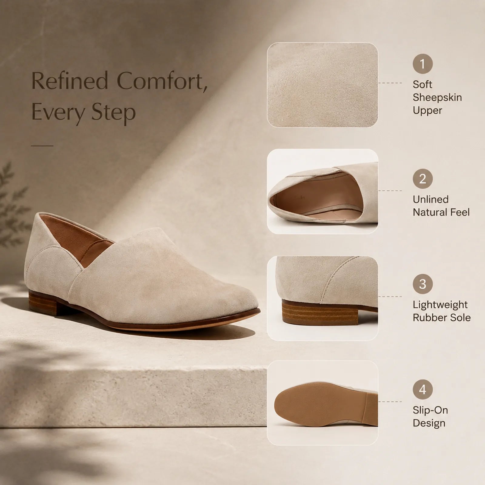 Taupe suede slip-on loafer shown with side and sole views
