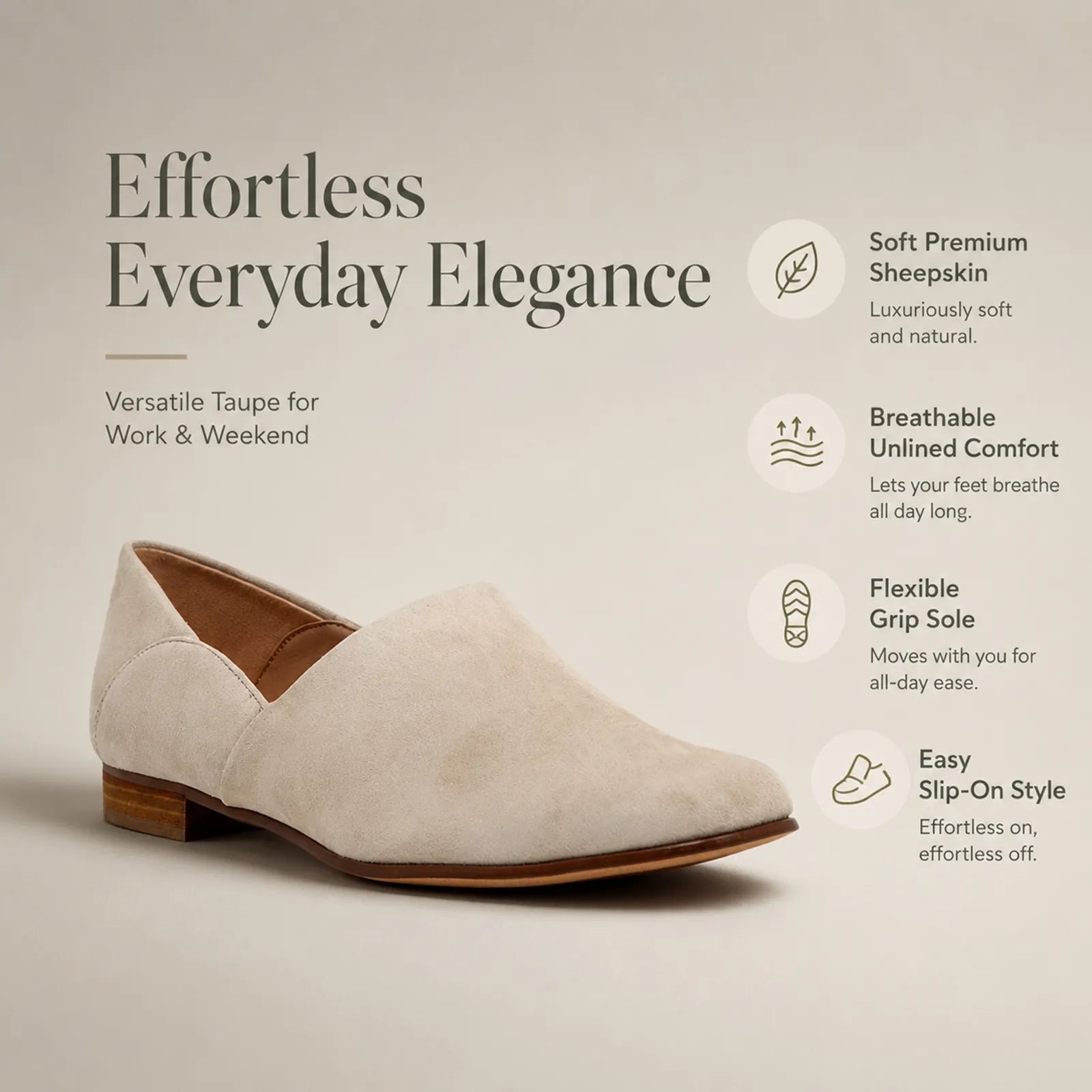Taupe suede slip-on loafer with low heel in product graphic layout
