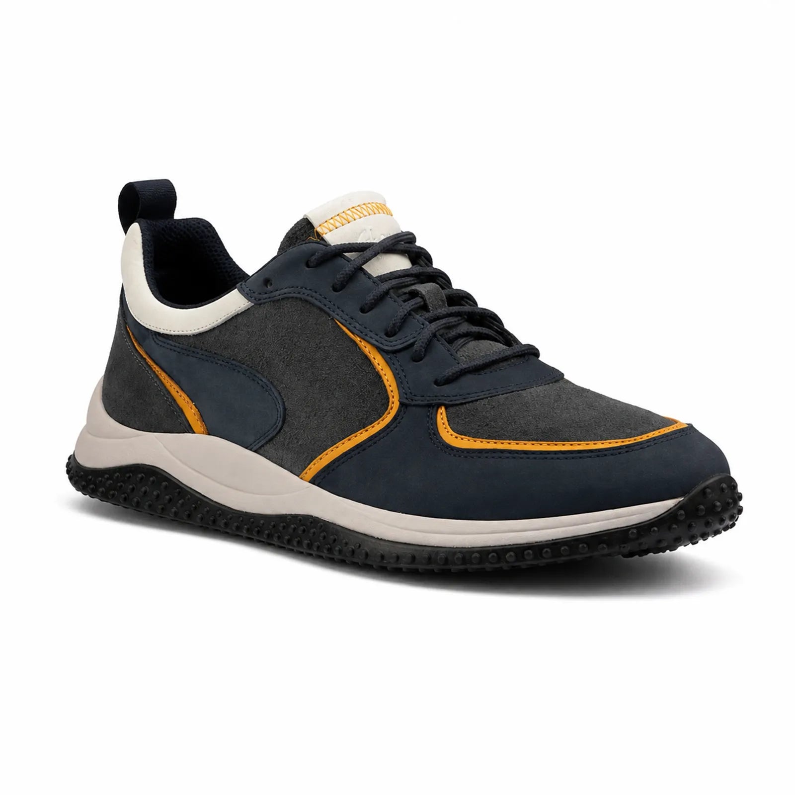 Men's lace-up sneakers, navy blue nubuck with orange accents, white sole, side view