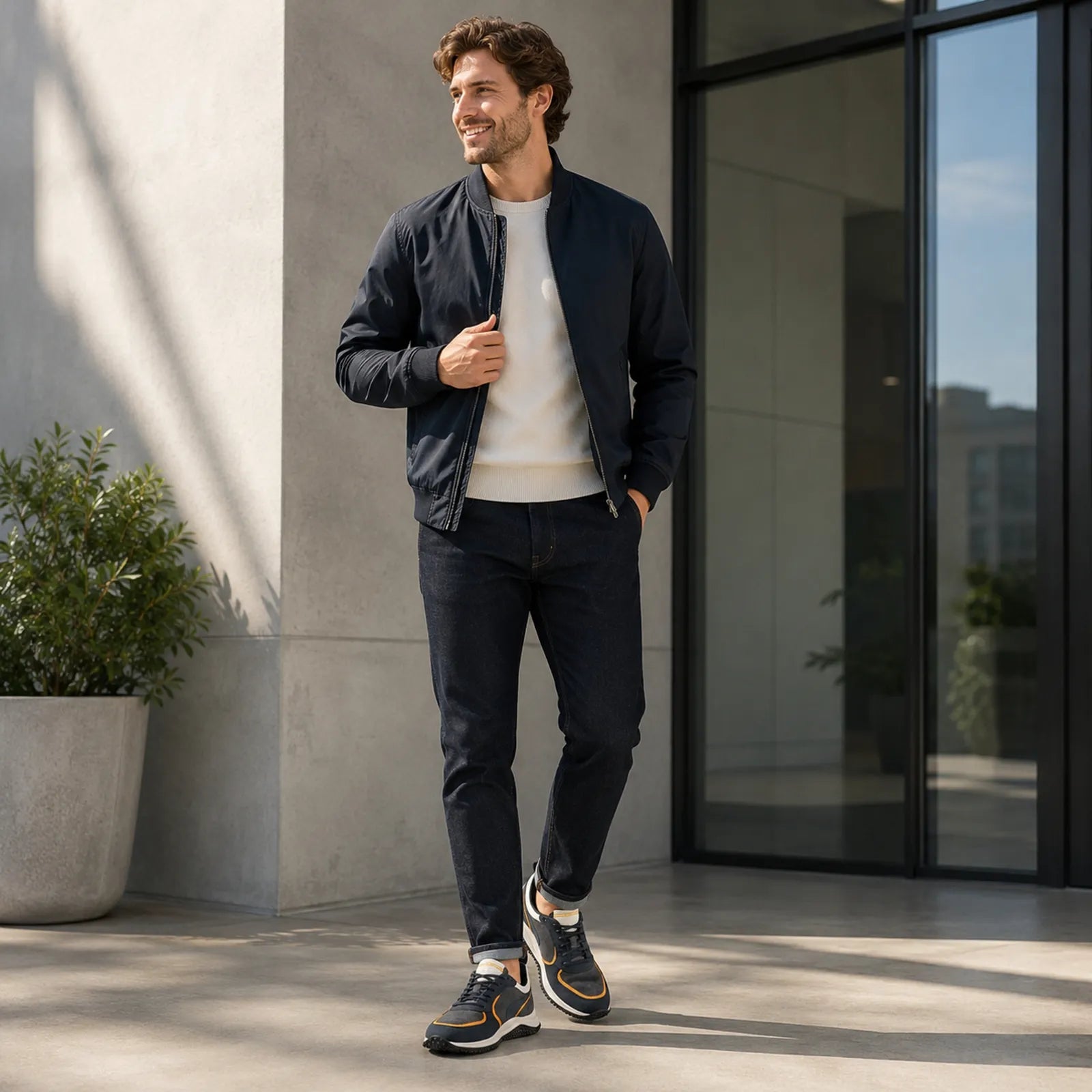 Men's casual sneakers worn on feet, navy blue with orange trim, lace-up style