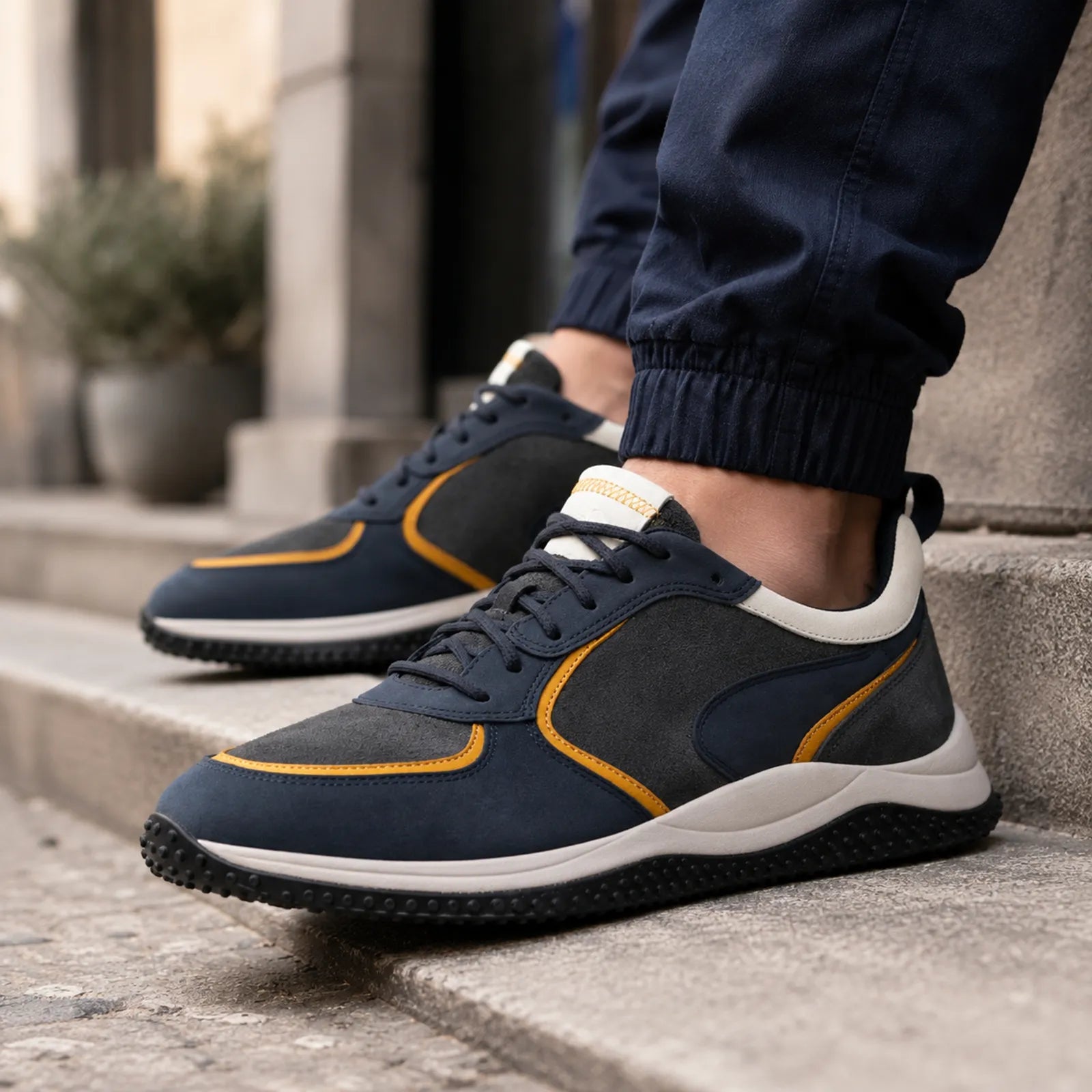 Men's lace-up sneakers close-up, navy blue with orange piping and grippy outsole