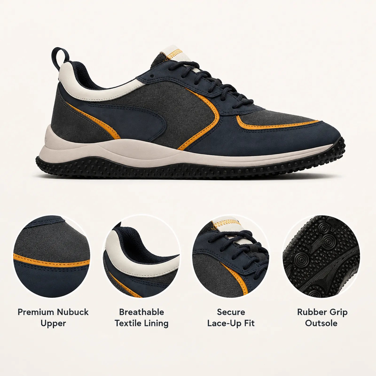 Clarks Puxton Run men's nubuck sneakers in dark blue with orange trim, lace-up style