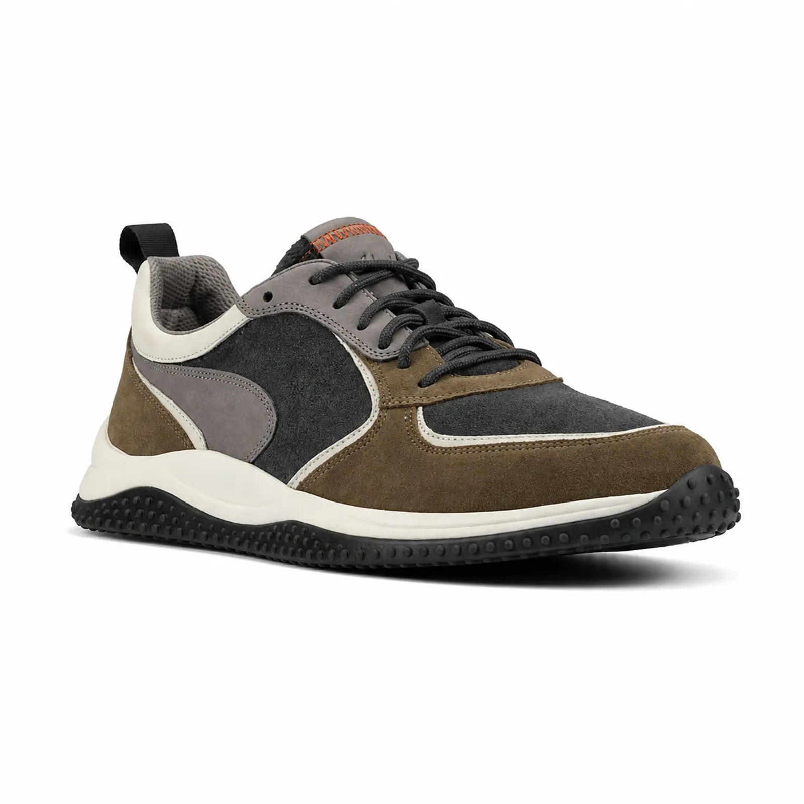 Men's lace-up sneakers, brown and dark gray nubuck, white midsole, textured outsole