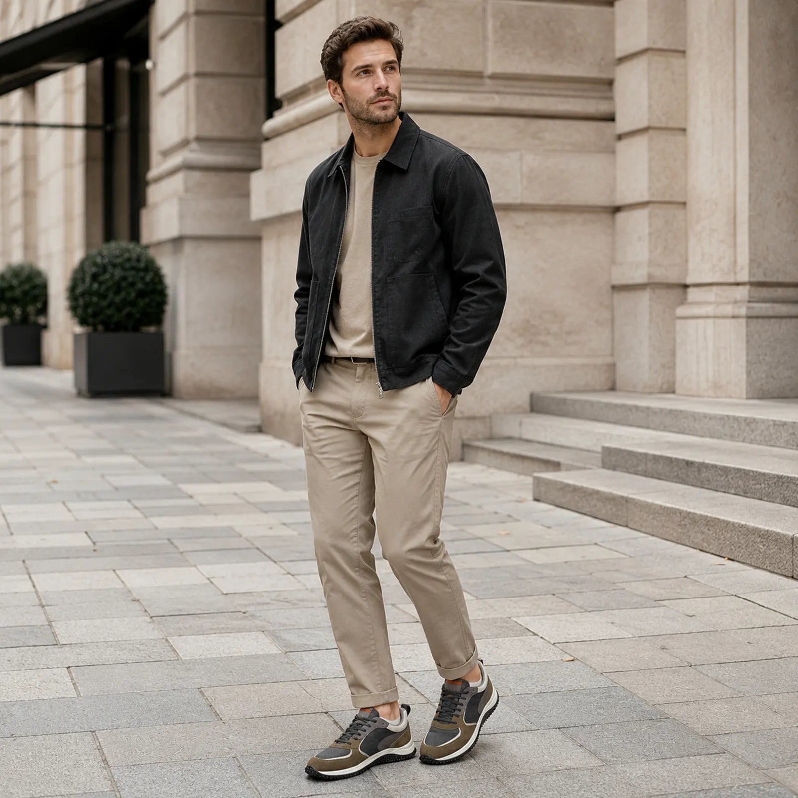 Men's casual sneakers worn on feet, brown and dark gray with lace-up style