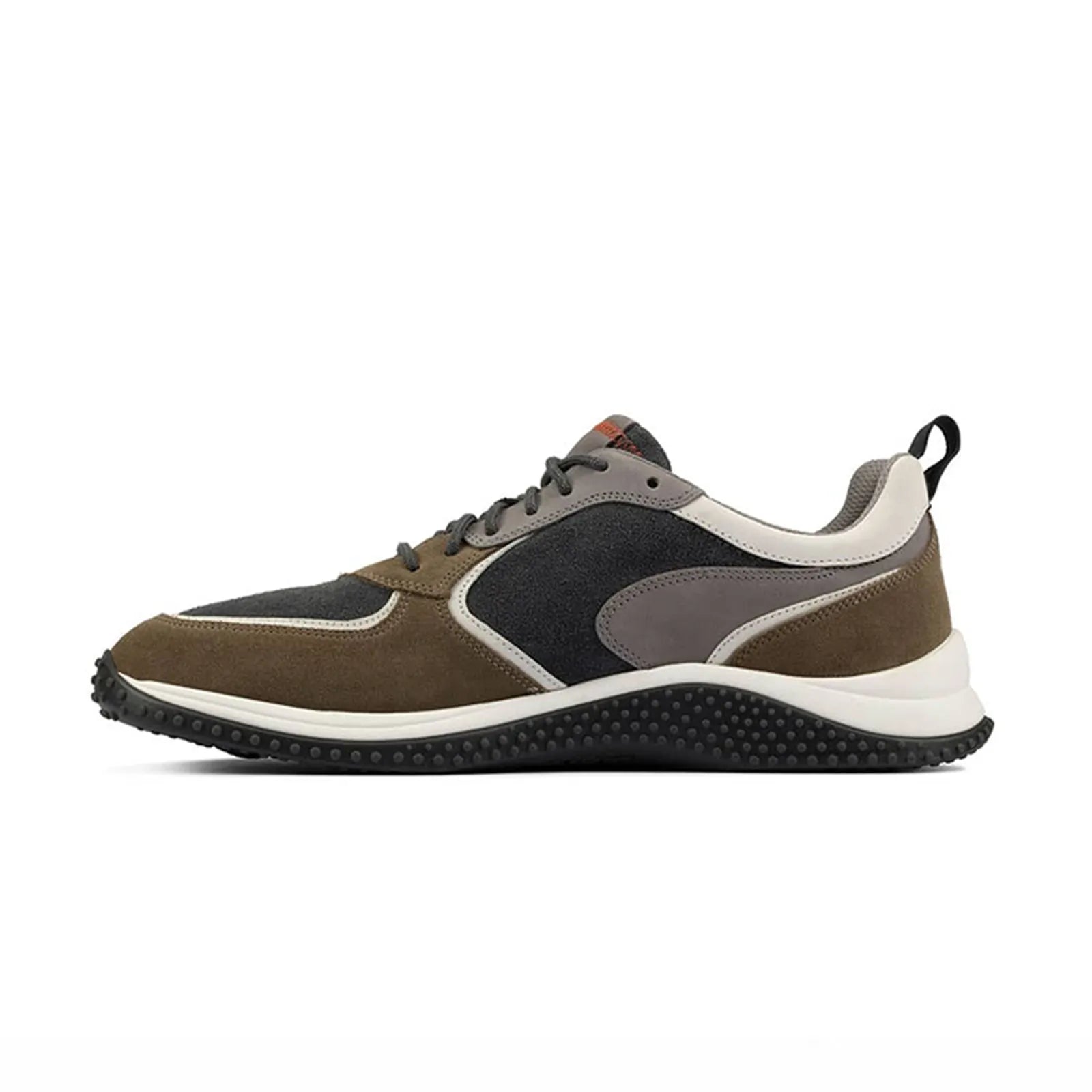 Men's lace-up sneakers, brown and dark gray nubuck with white sole, side profile