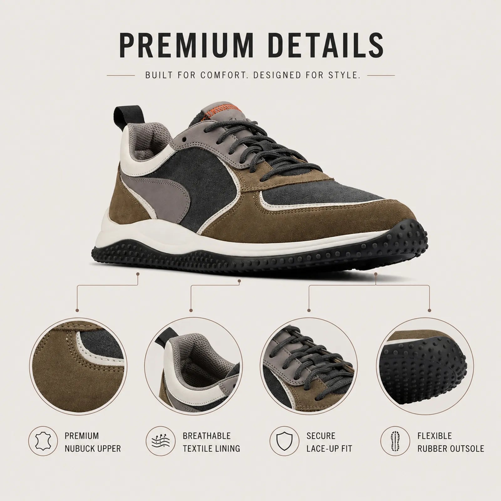 Men's sneakers with nubuck upper, lace-up design, brown and dark gray with white midsole