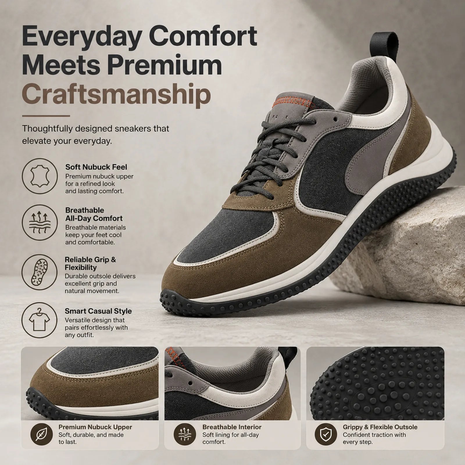 Men's lace-up sneakers resting on a surface, brown and dark gray nubuck, white sole