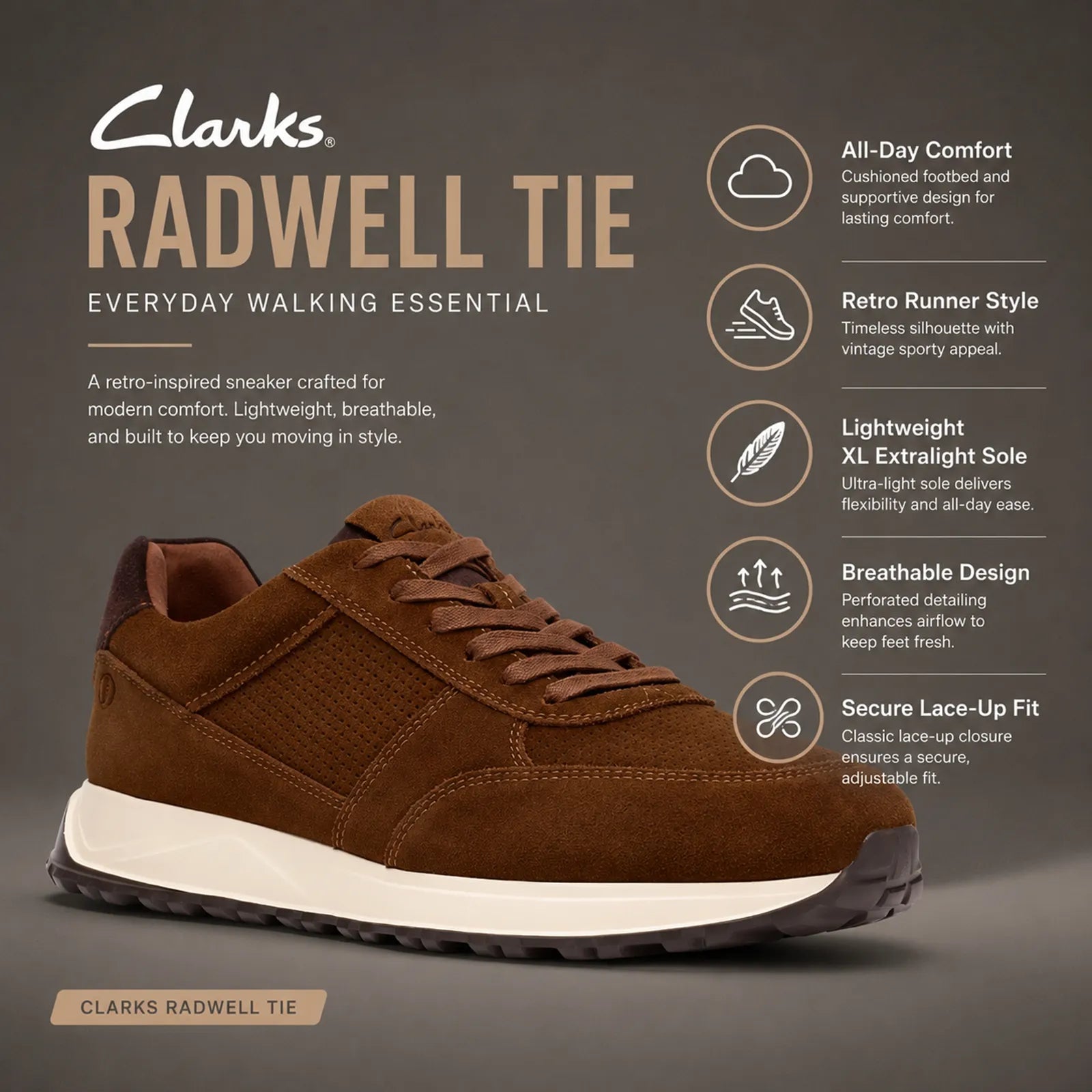 Men's brown suede lace-up sneakers with cushioned collar and grippy sole