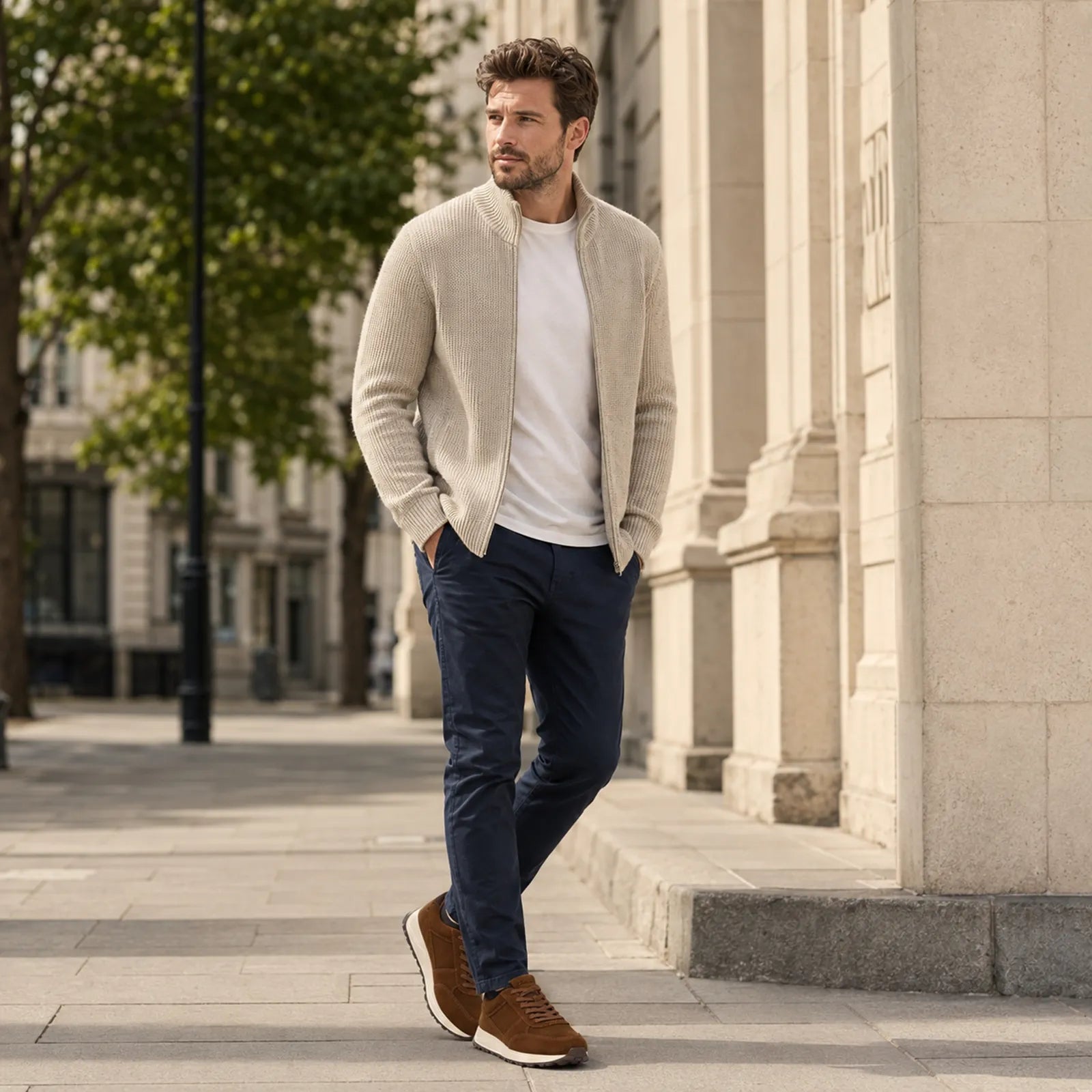 Men's brown lace-up leather sneakers worn with dark pants