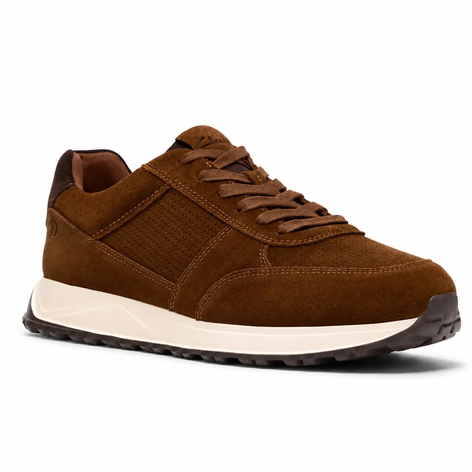 Men's brown suede lace-up walking sneakers with white sole and textured outsole