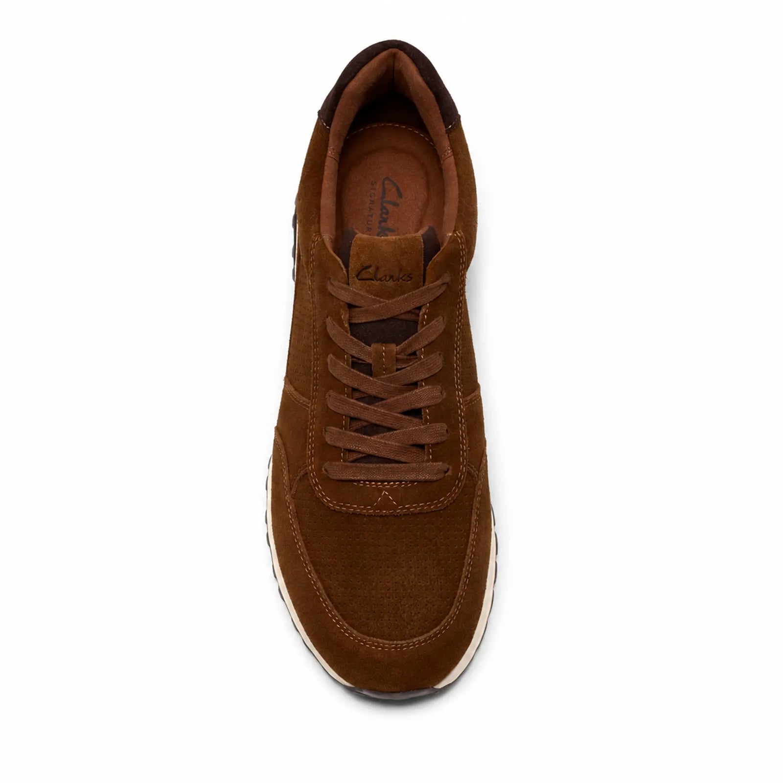 Men's brown lace-up sneaker upper with visible tongue and insole branding