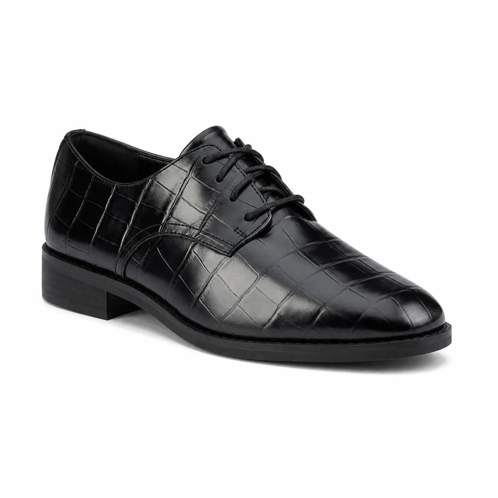 Women’s black leather derby shoes with croc-embossed texture and lace-up closure