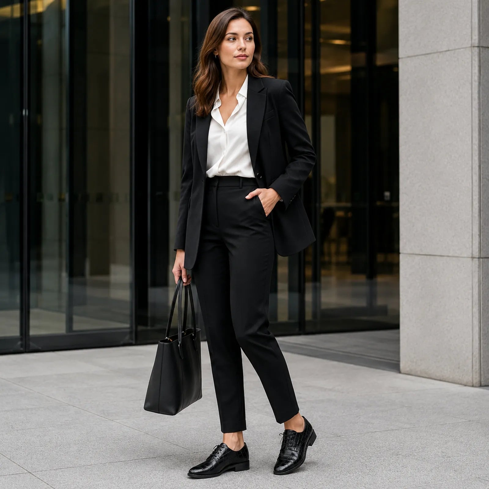 Women’s black leather lace-up derby shoes on block heel, worn with trousers