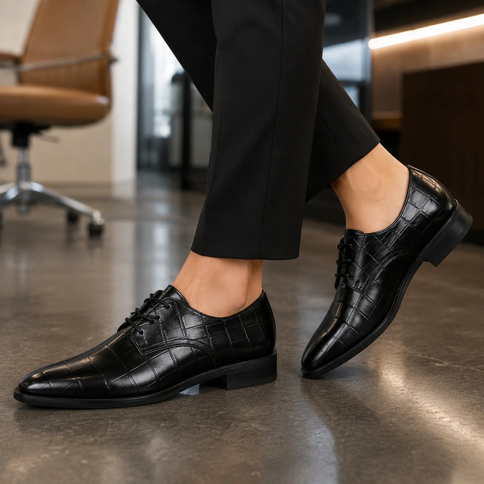 Women’s black leather derby shoes with lace-up design and croc-embossed uppers