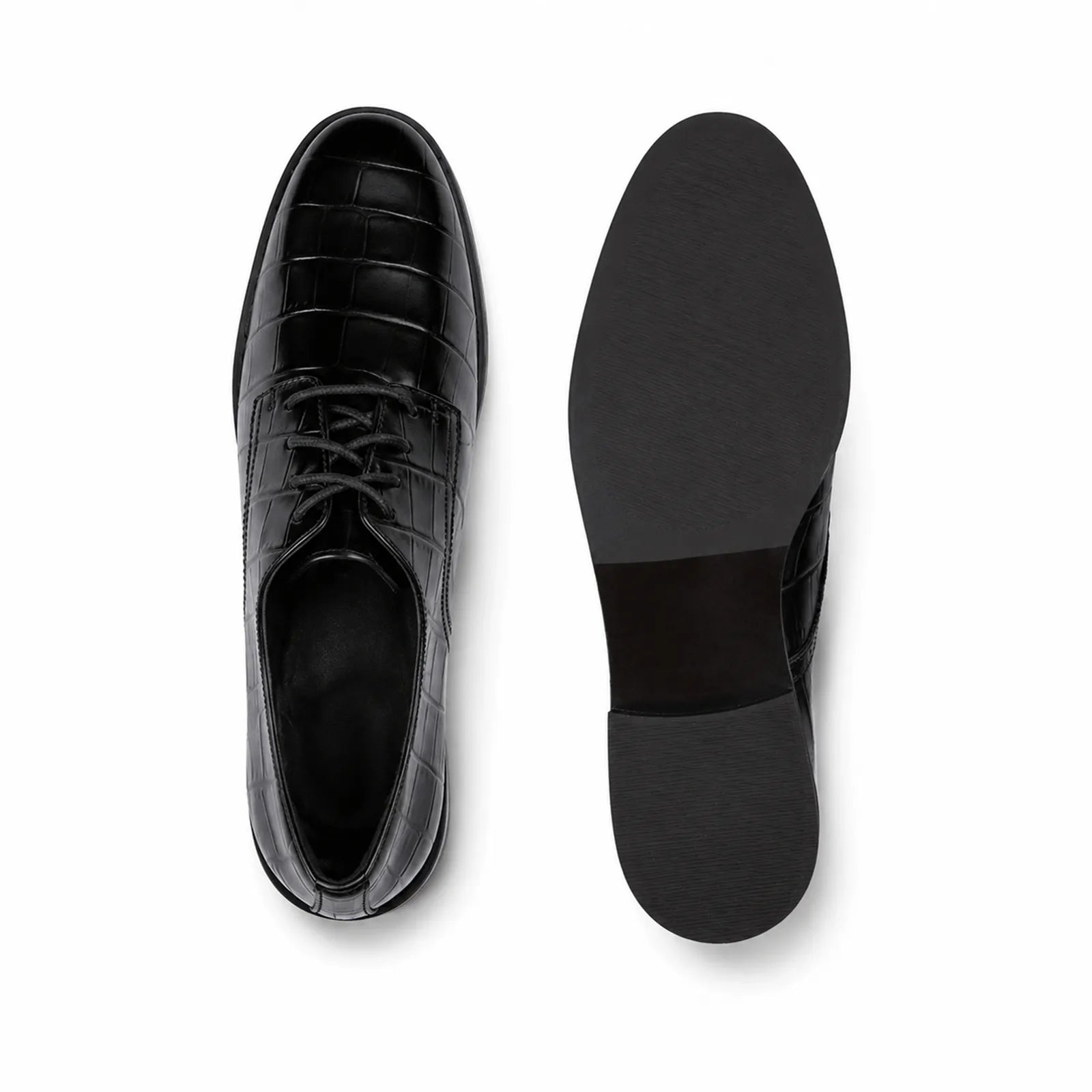 Women’s black leather derby shoe pair, side and bottom views with lace-up front