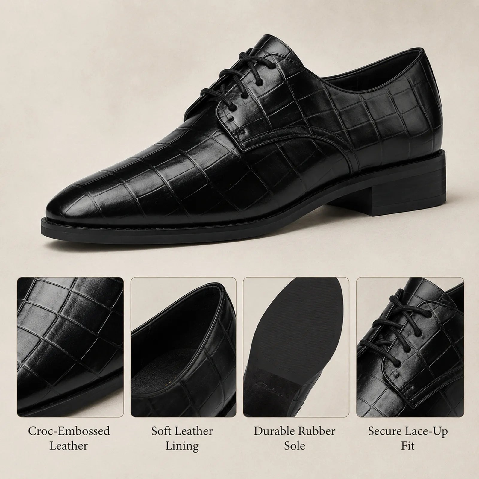 Women’s black croc-embossed leather lace-up derby shoe with rubber sole