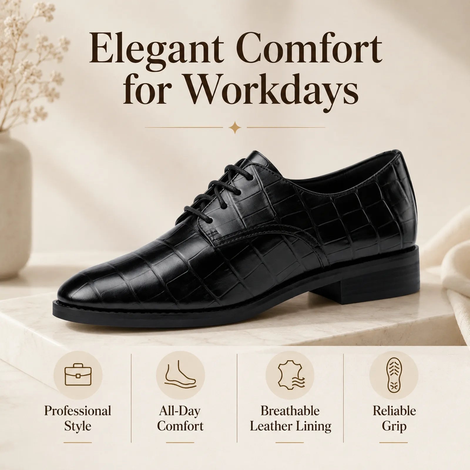 Women’s black leather derby shoe with lace-up closure on low block heel