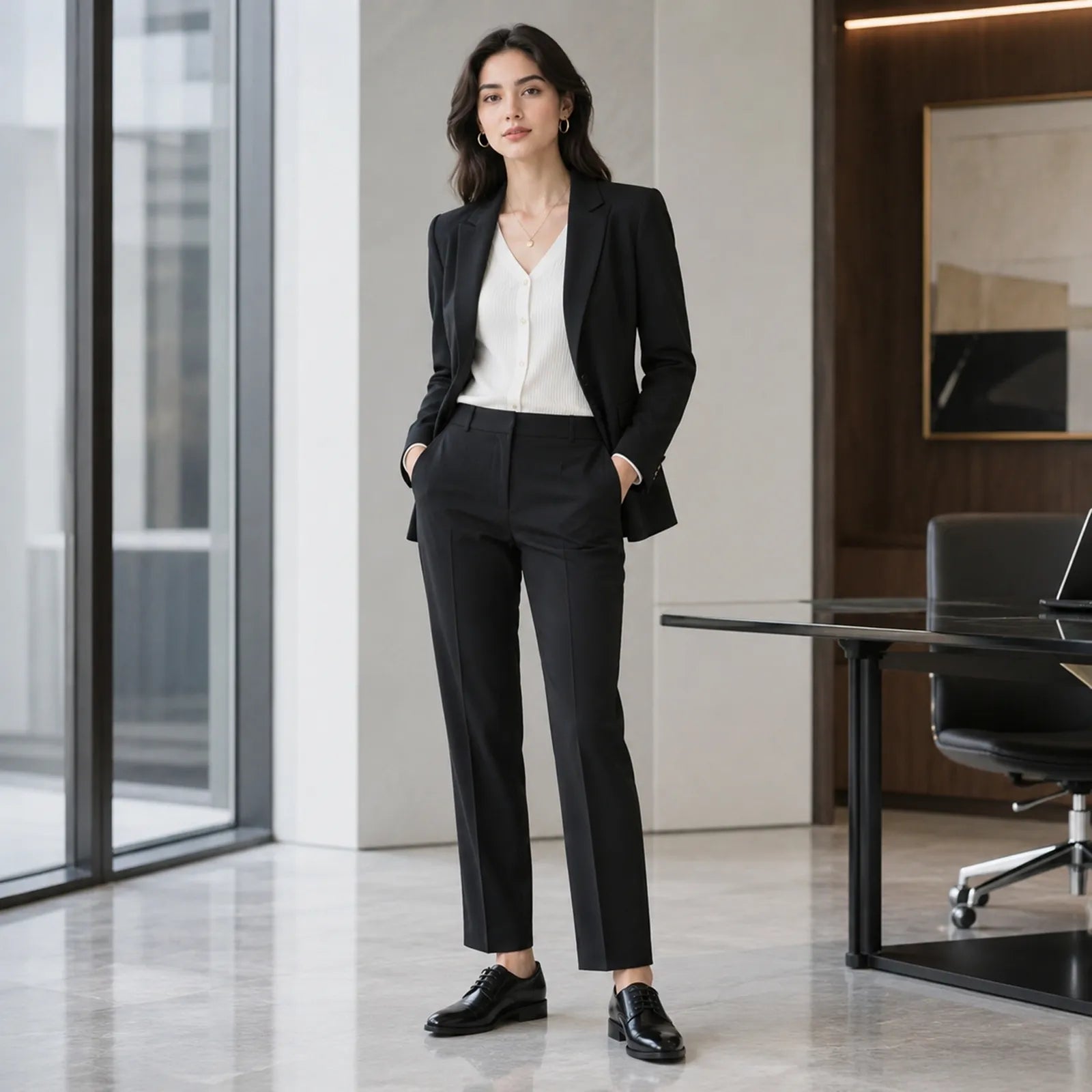Women’s black leather lace-up derby shoes with low heel, styled with business suit