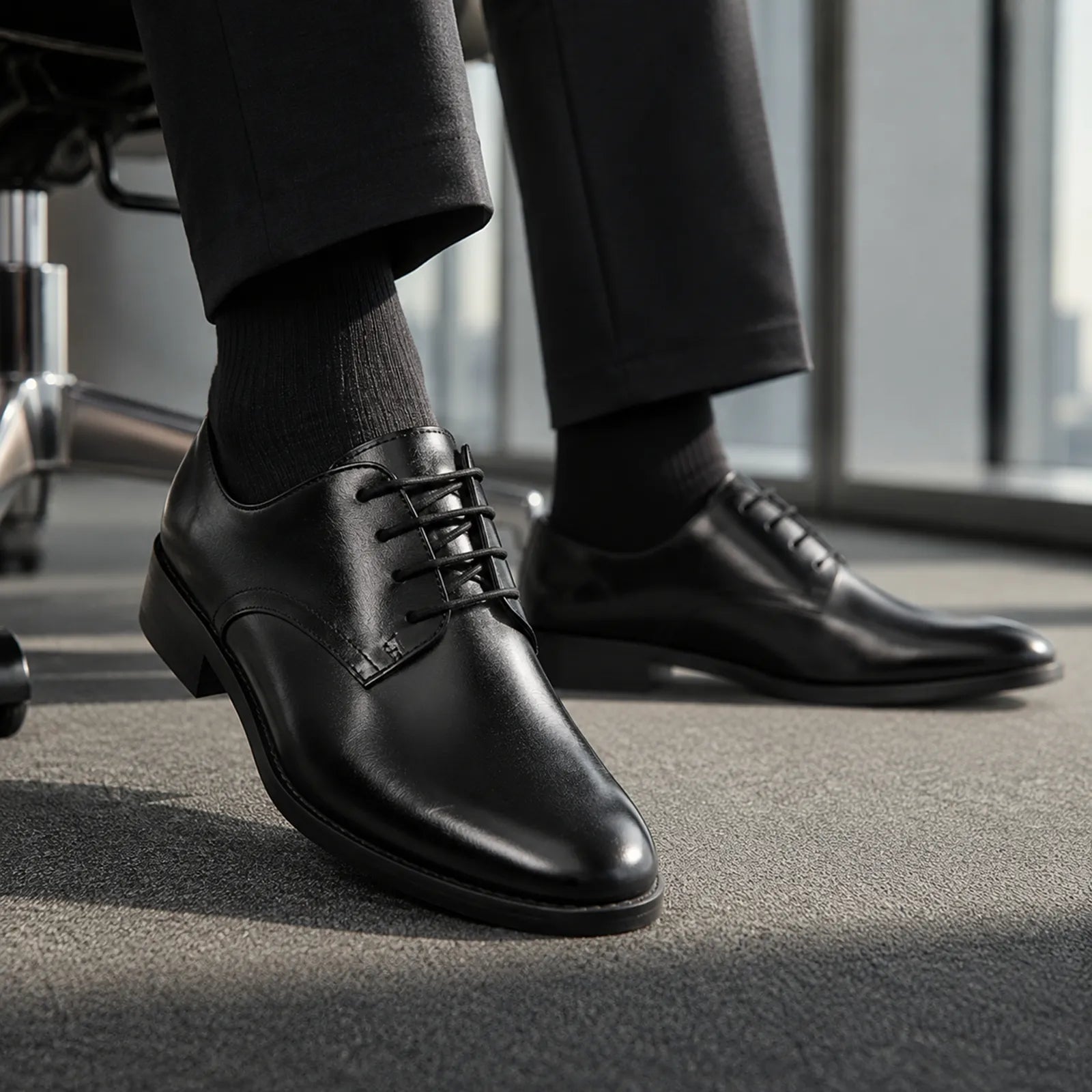 Women’s black leather derby shoes with lace-up design and low heel