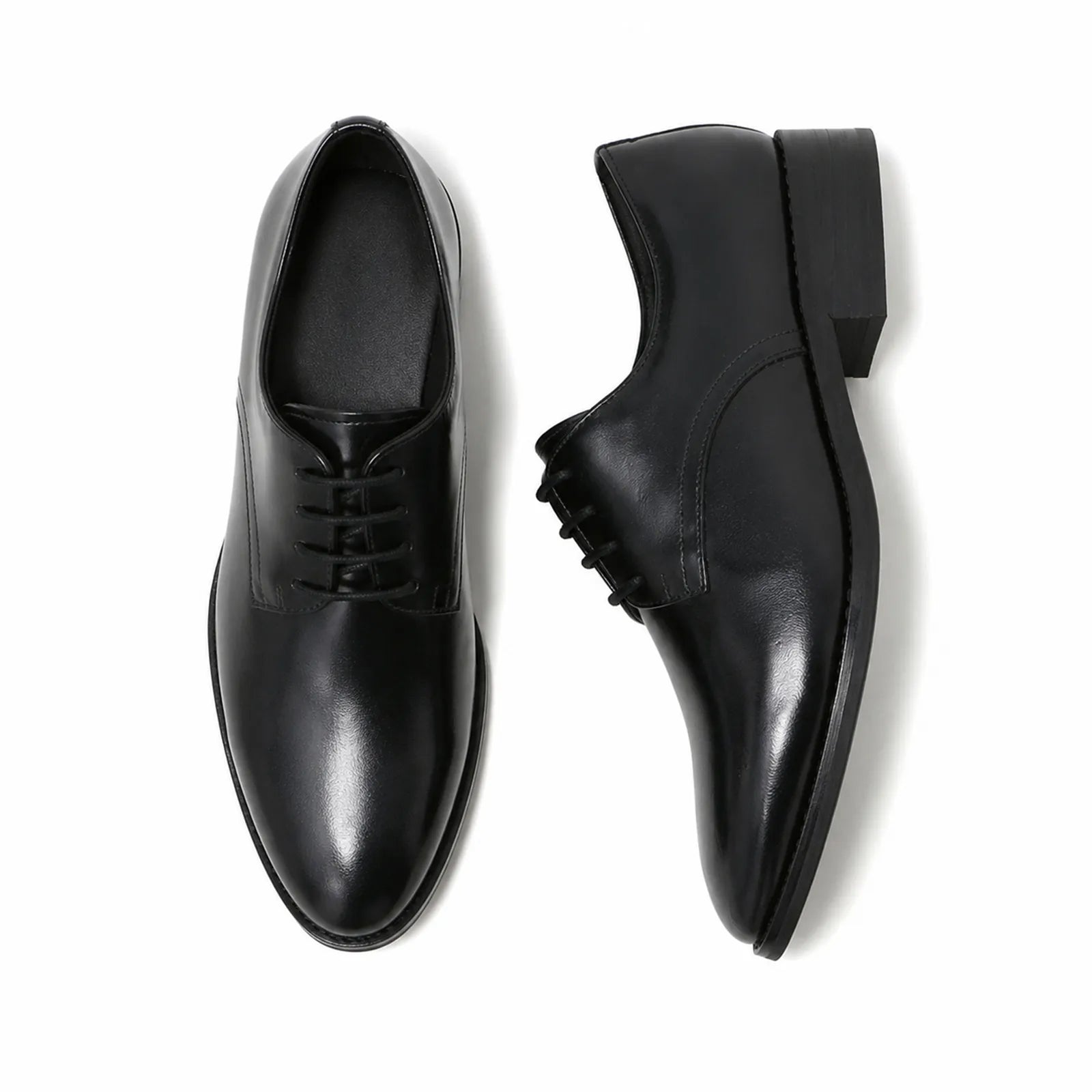 Women’s black leather derby shoe pair, top and side views with lace-up fronts