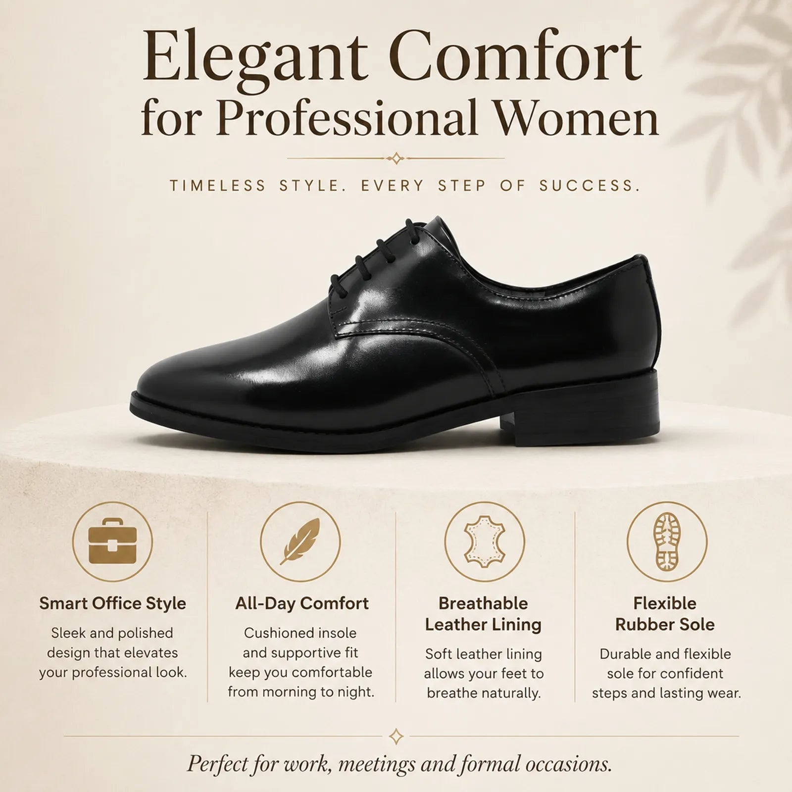 Women’s black leather lace-up business shoe with rounded toe and low heel